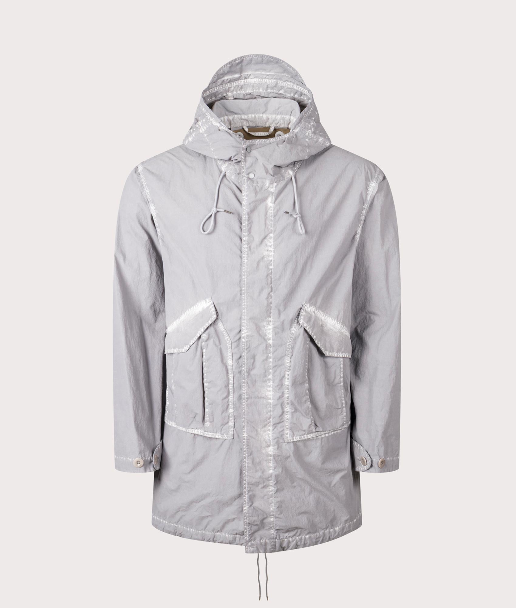 Shadow Dyed Long Raincoat in Pale Taupe by Ten C at EQVVS Menswear. Front shot.