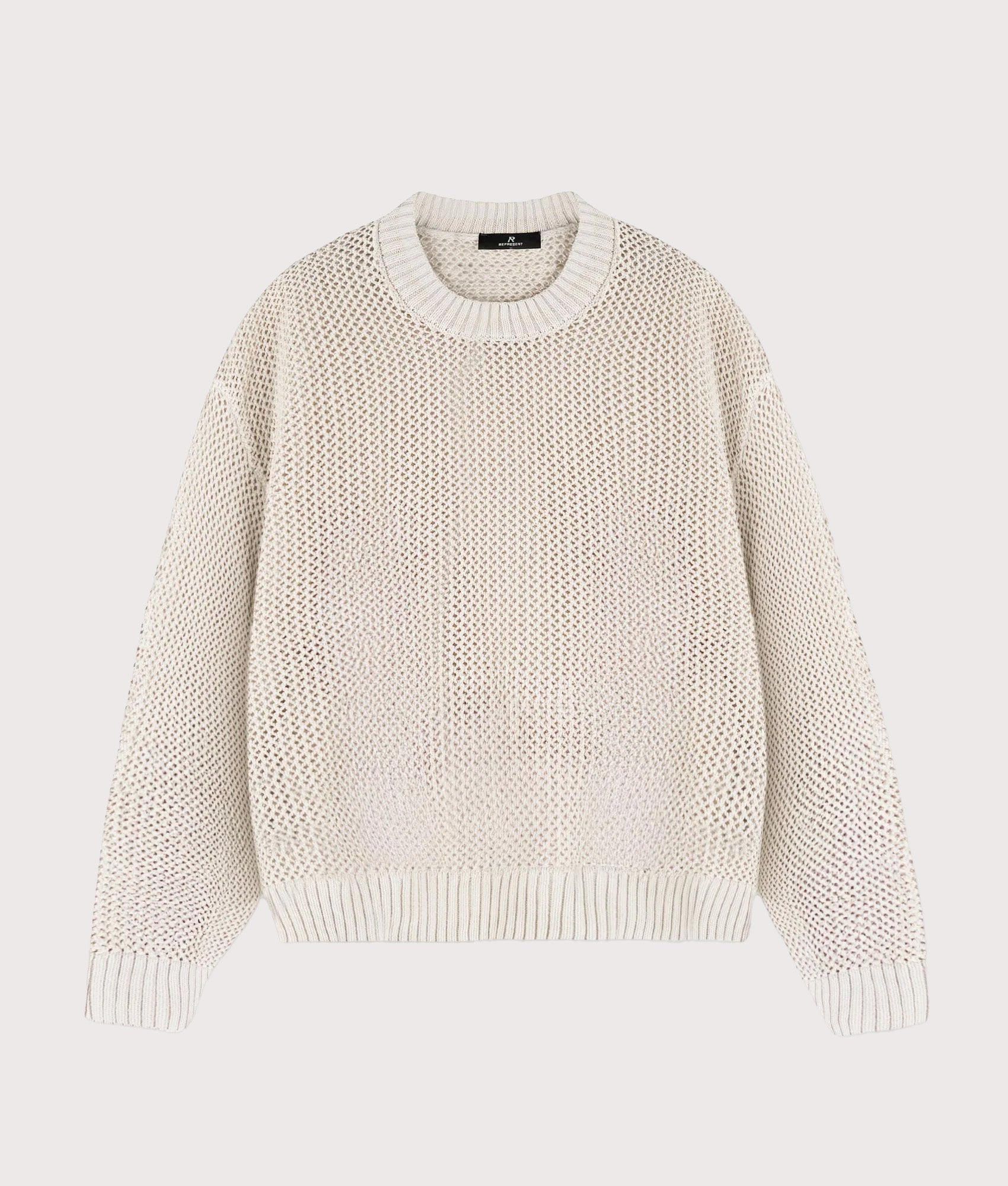 REPRESENT Oversized Fit Open Gauge Knit Jumper in Off White at EQVVS Menswear. Front shot.