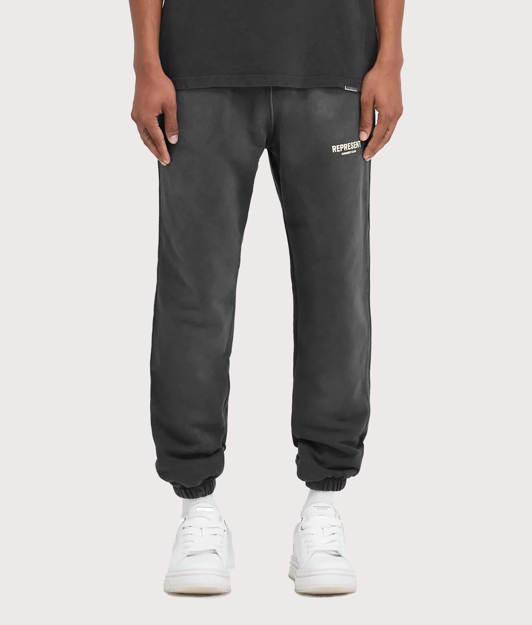 REPRESENT Relaxed Fit Represent Owners Club Joggers in Aged Black at EQVVS Menswear. Model front shot.