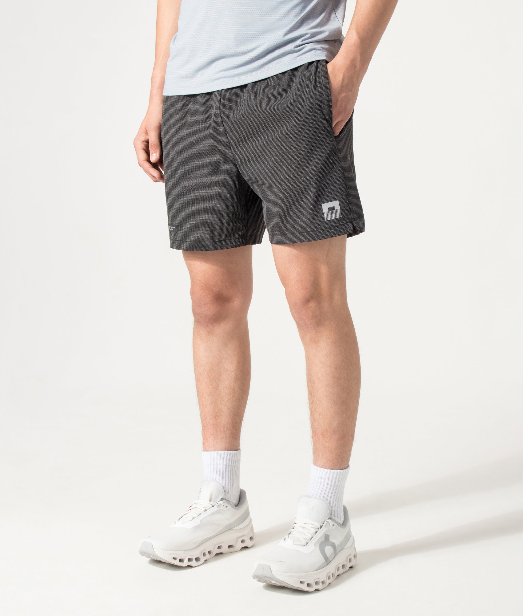 REFLECT Mesh Set Shorts in Black at EQVVS Menswear. Model angled front shot.