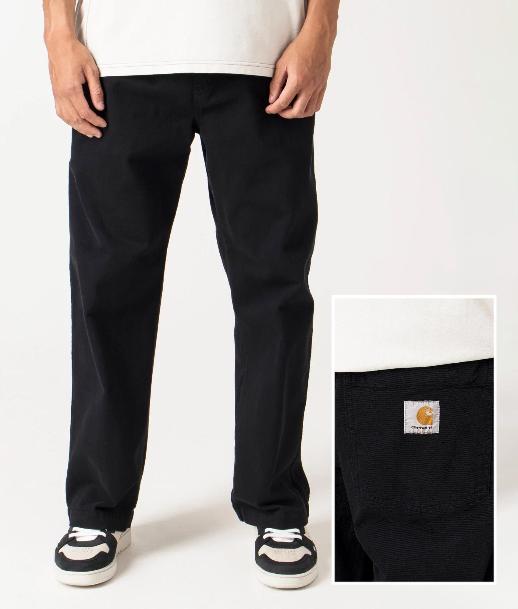 Carhartt WIP Relaxed Fit Floyde Pants in Black at EQVVS Menswear. Modell front and detail shot.