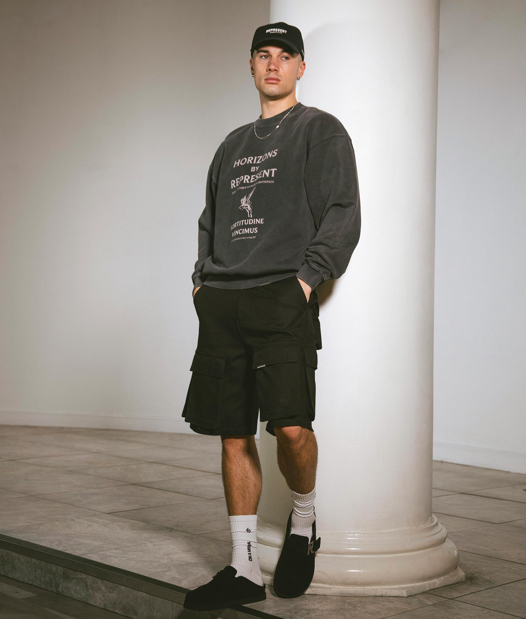 REPRESENT Horizons Sweatshirt in Aged Black with Pegasus Front Print Model Front Campaign Shot at EQVVS