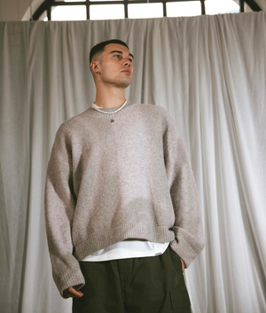 REPRESENT Sprayed Horizons Jumper In Washed Taupe, Relaxed Fit , Front Campaign Shot at EQVVS