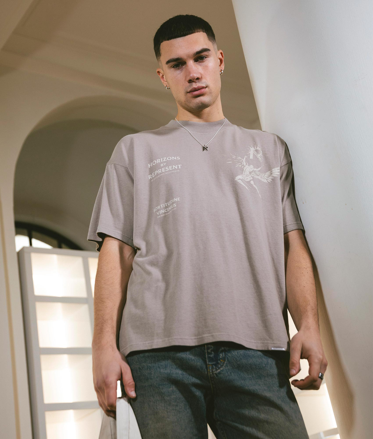 REPRESENT Icarus T-Shirt in Taupe with Icarus Print Model Front CampaignShot at EQVVS