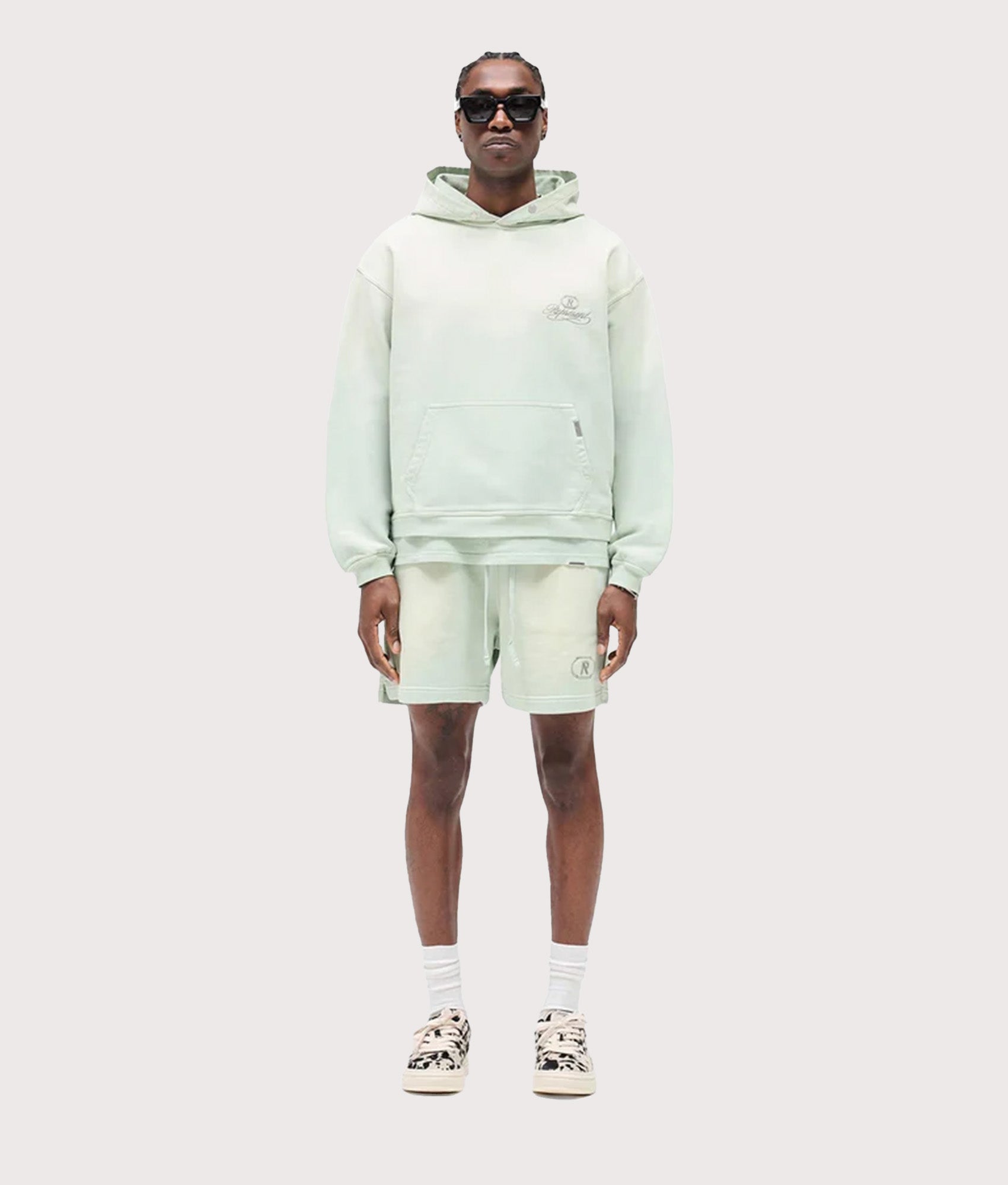 Represent Grand Vintage Hoodie in Sage Green at EQVVS Menswear. Model full front shot. 