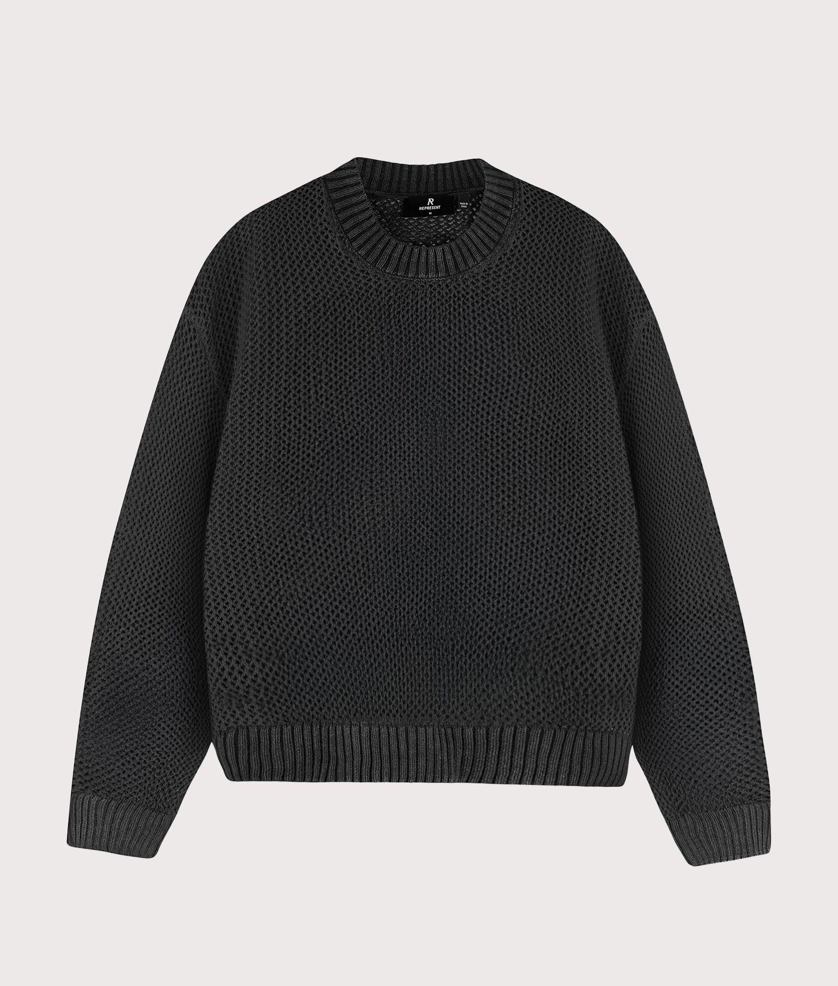 REPRESENT Open Gauge Knit Jumper in Jet Black Front shot.