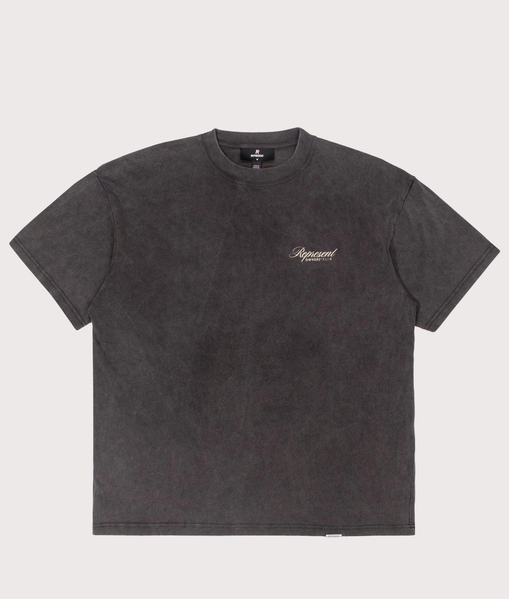 REPRESENT Owners Club Script T-Shirt in Vintage Grey at EQVVS Menswear. Front shot.