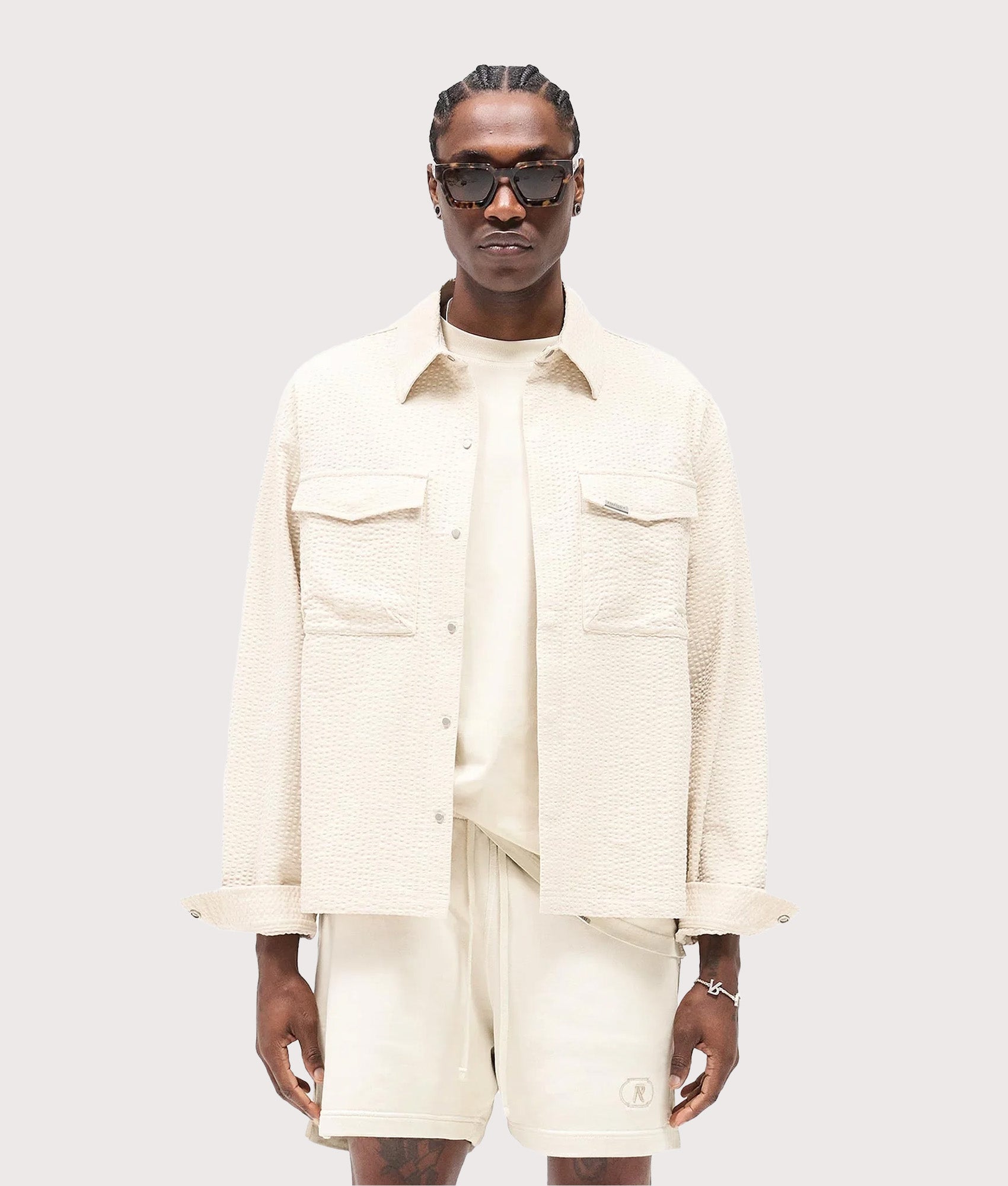 Represent Textured Long Sleeve Shirt in Champagne at EQVVS Menswear. Front shot.