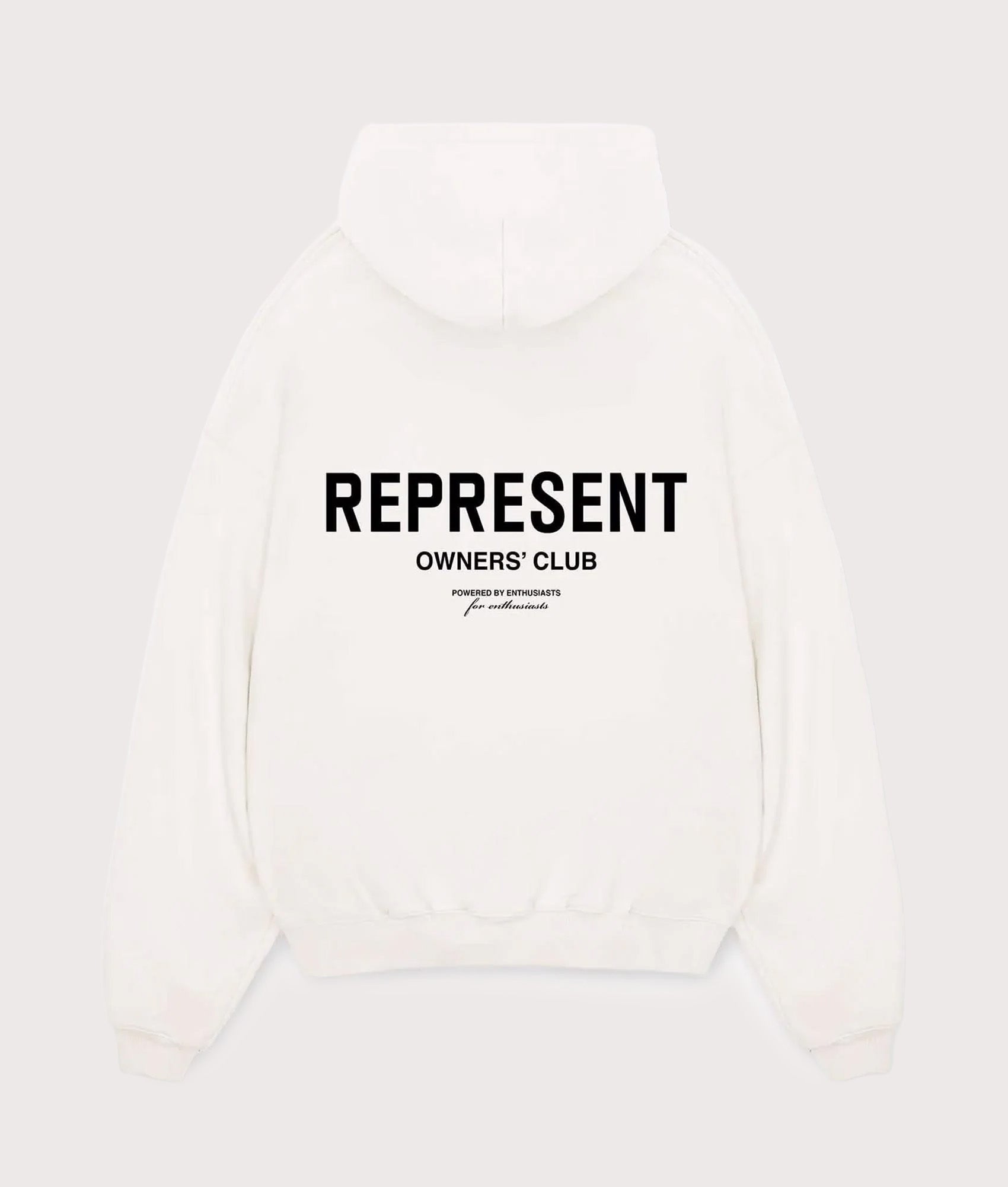 Represent Owners Club Hoodie in Flat White at EQVVS Menswear. Back shot.