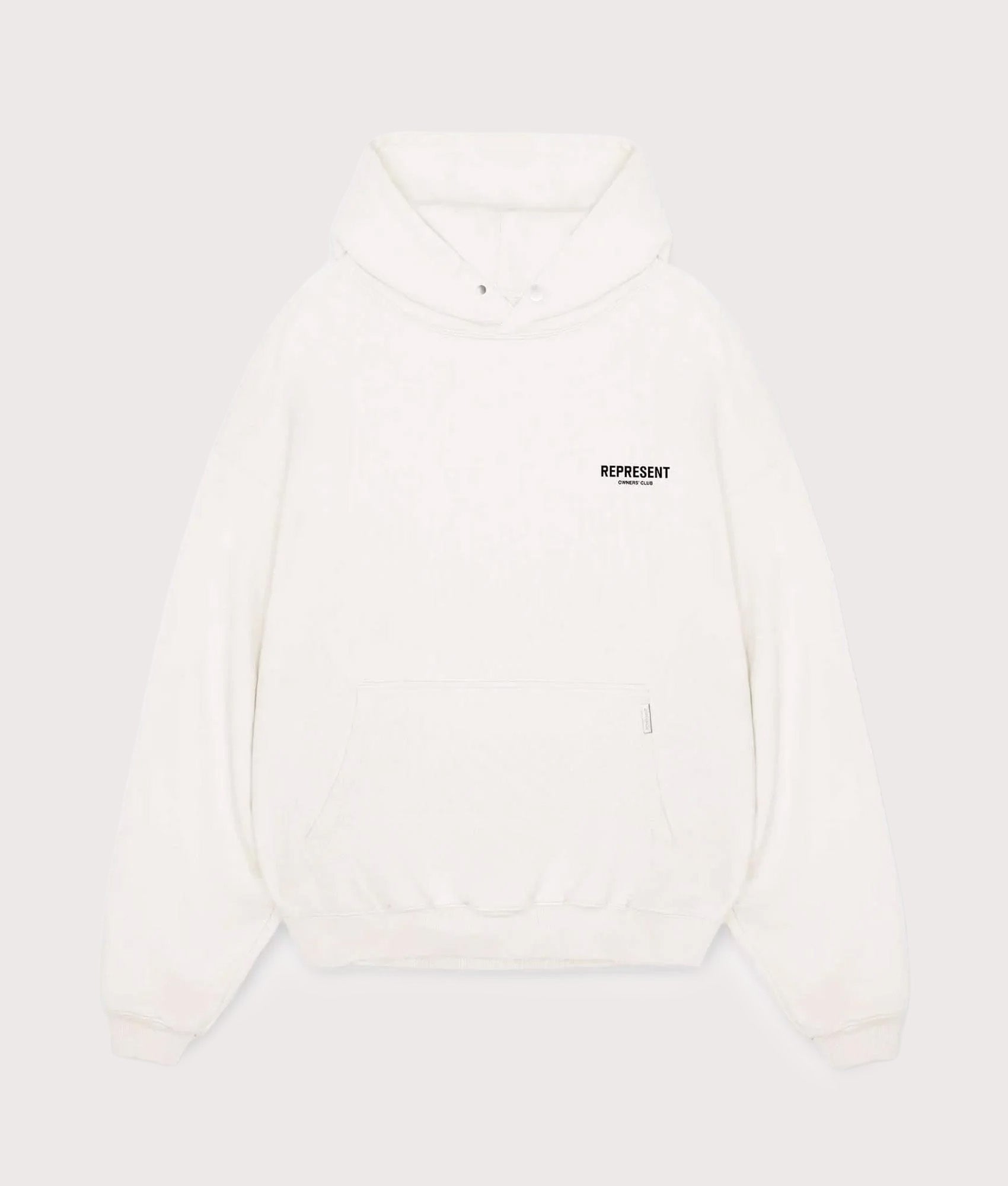 Represent Owners Club Hoodie in Flat White at EQVVS Menswear. Front shot.