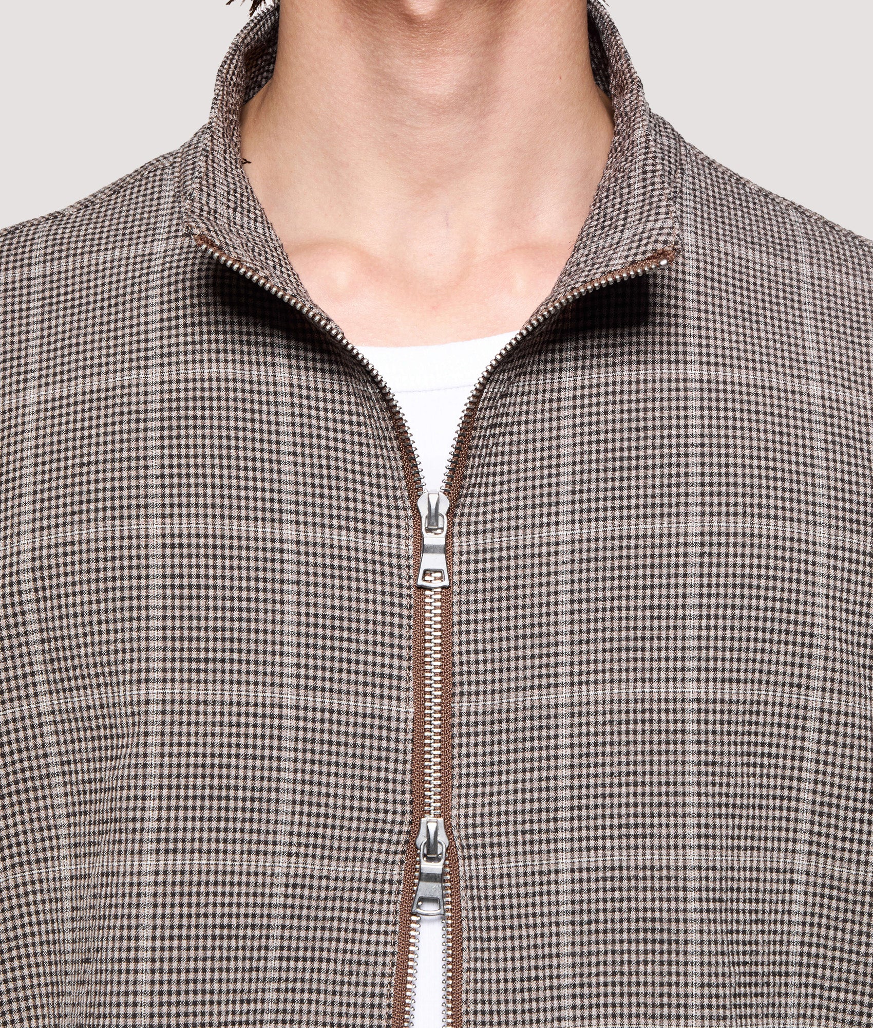 MKI MIYUKI ZOKU Box Fit Seersucker Check Track Jacket in Brown at EQVVS Menswear. Second detail shot.