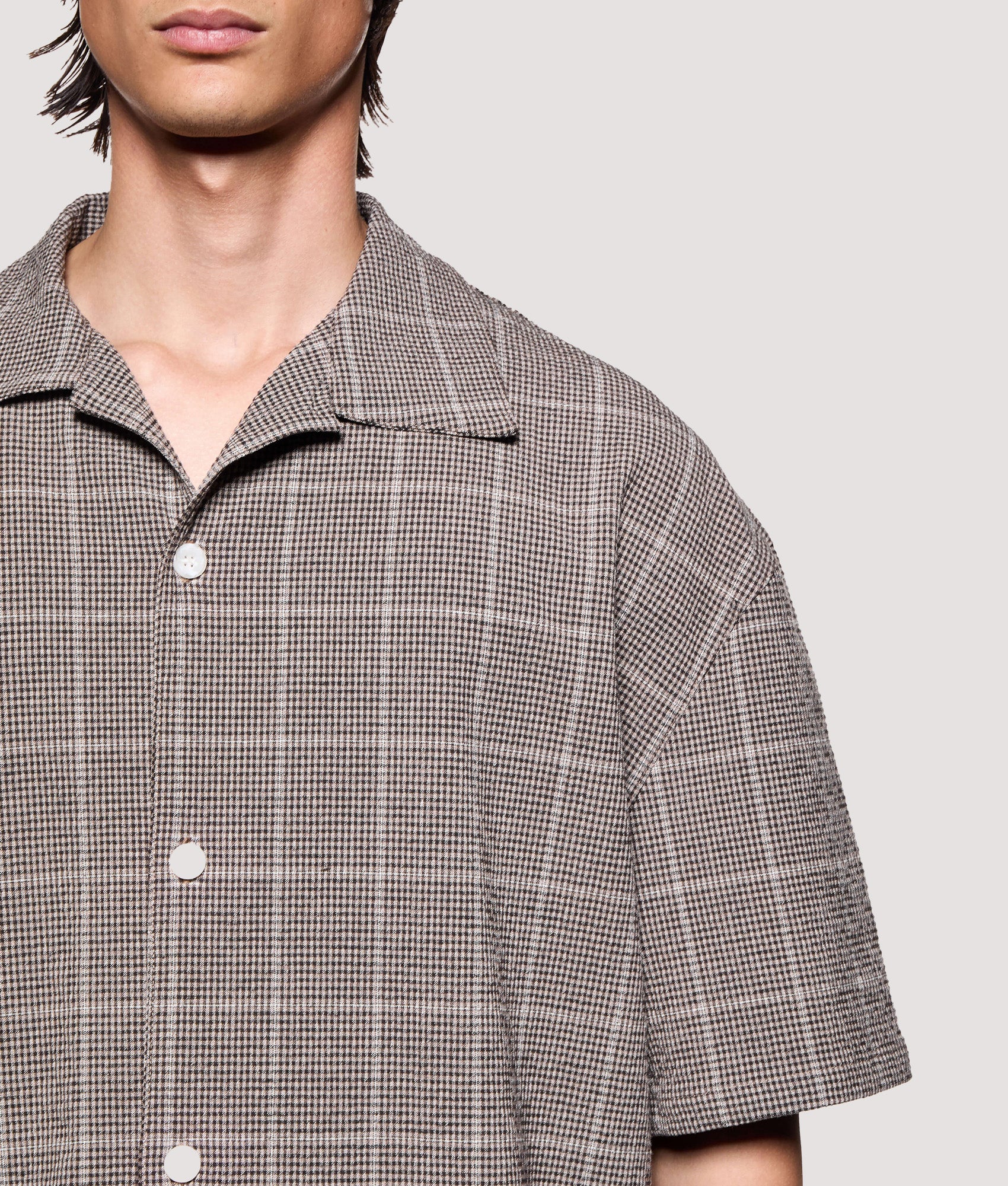 MKI MIYUKI ZOKU Box Fit Linen Short Sleeve Vacation Shirt in Brown at EQVVS Menswear. Second detail shot.