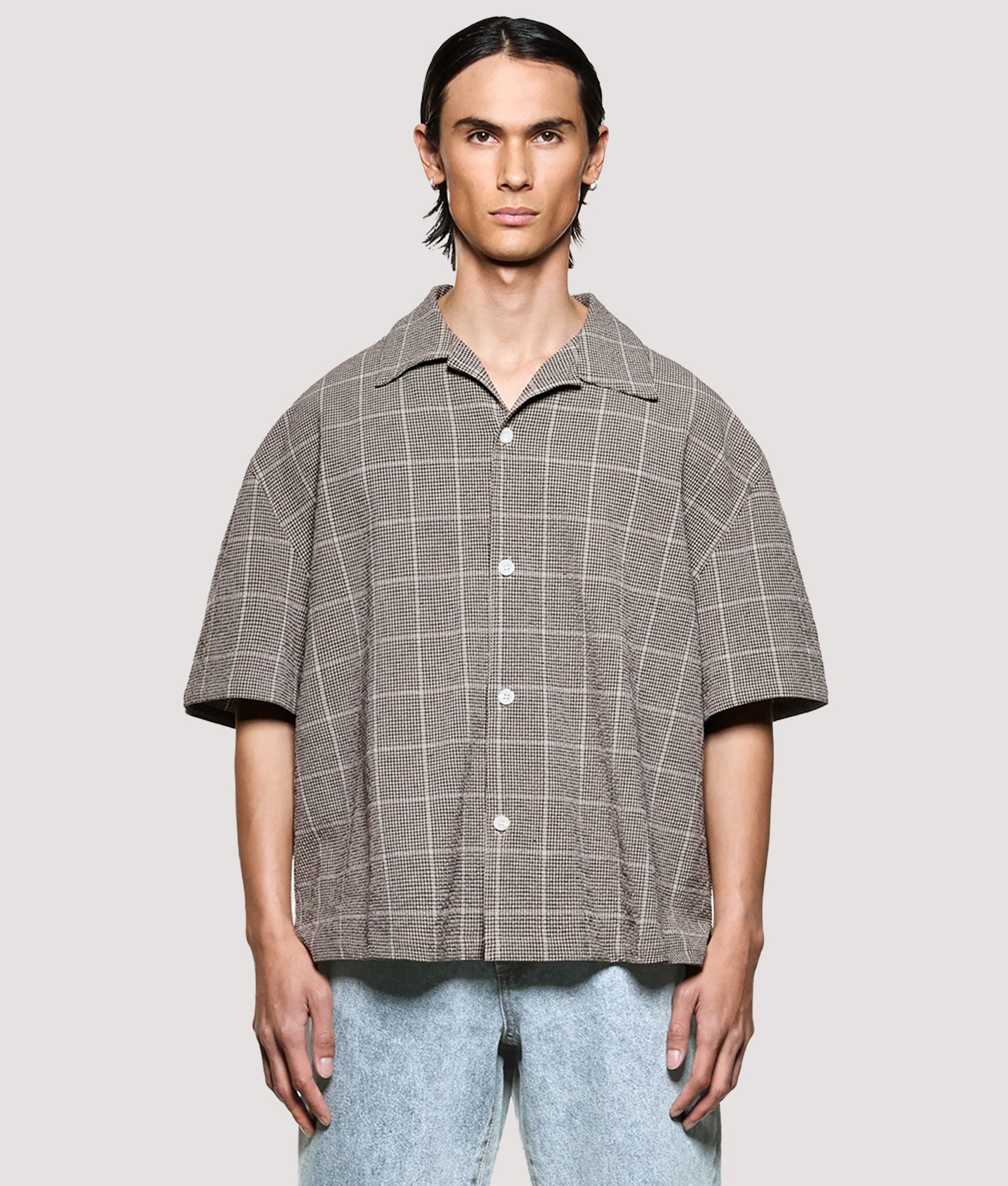 MKI MIYUKI ZOKU Box Fit Linen Short Sleeve Vacation Shirt in Brown at EQVVS Menswear. Front shot.