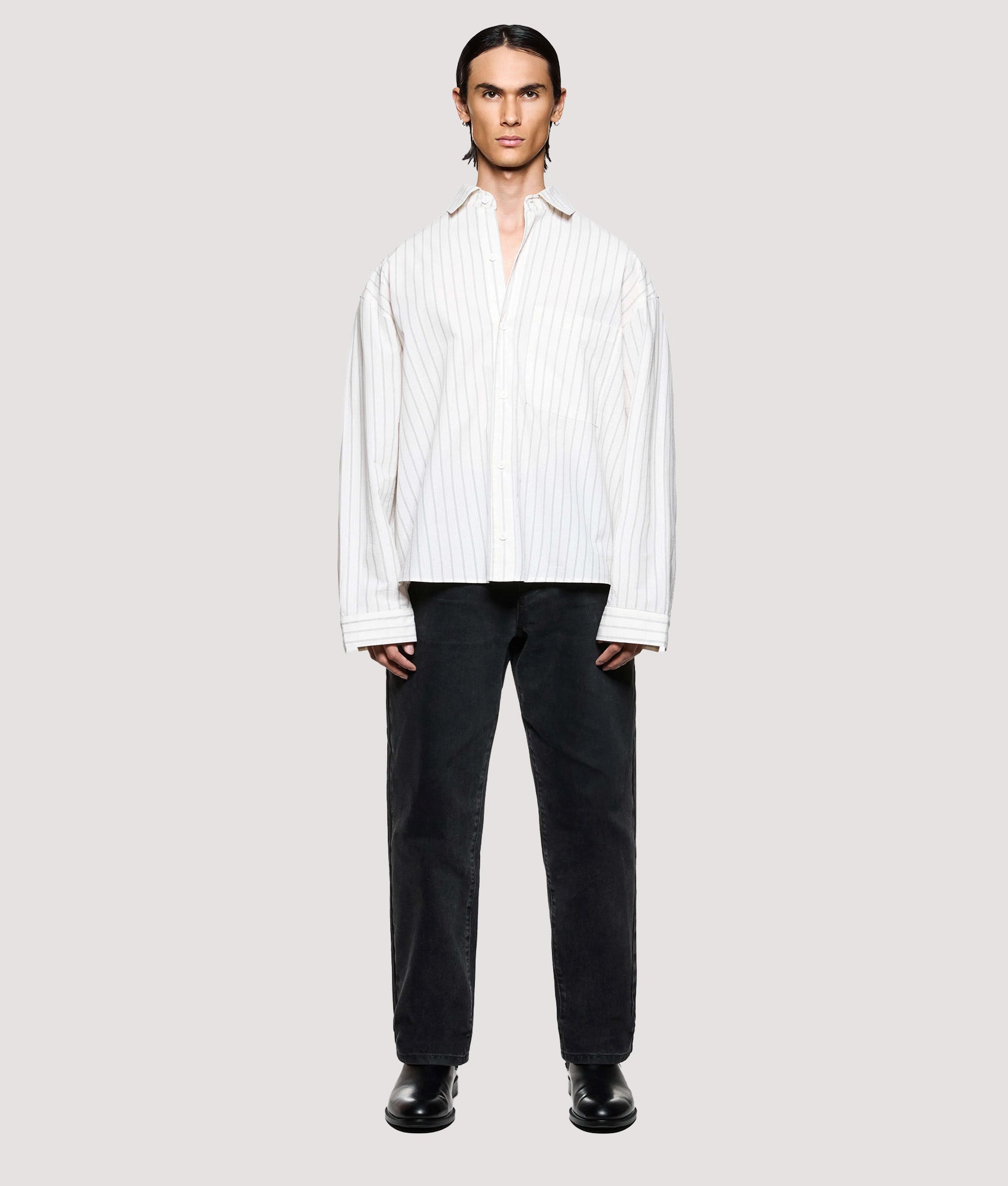 MKI MIYUKI ZOKU Box Fit Seersucker Stripe Dress Shirt in Off White at EQVVS Menswear. Model full front shot.
