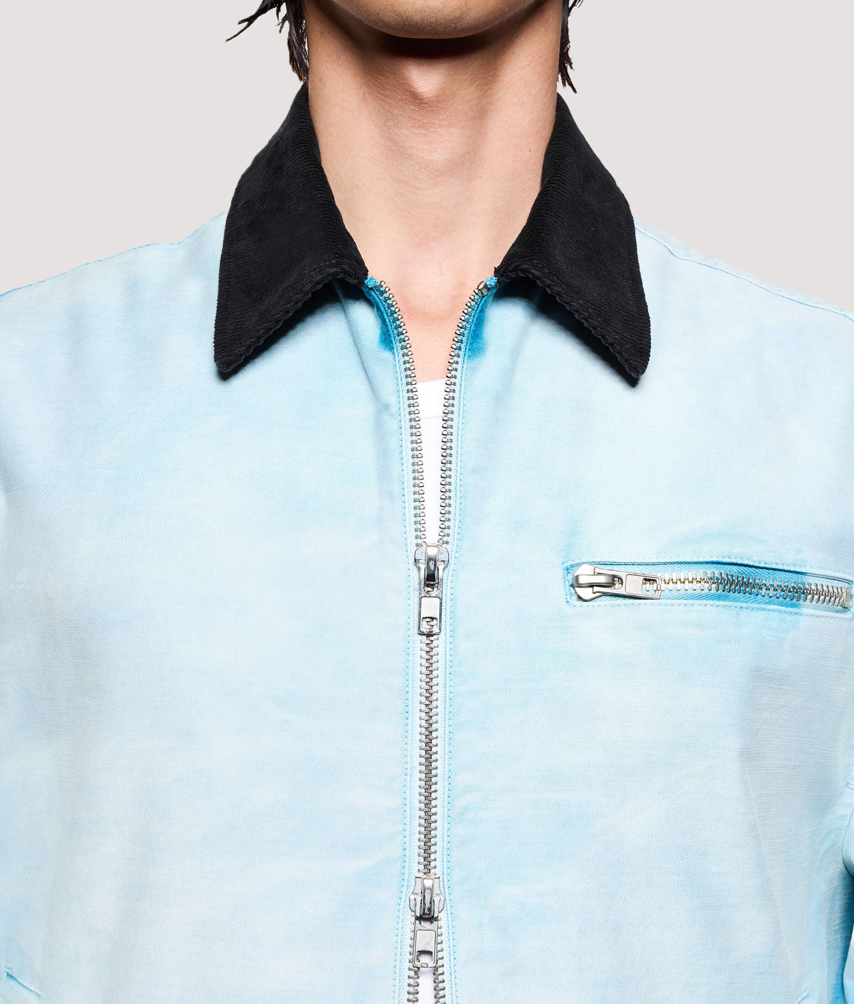 MKI MIYUKI ZOKU Box Fit Sunfaded Work Jacket in Bleach at EQVVS Menswear. Second detail shot.