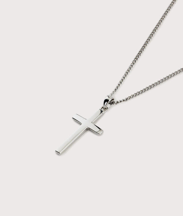 555Jewelry Grooved Dual Cross Necklace - Stainless Steel, 16-28 Inch Box Chain, Unisex