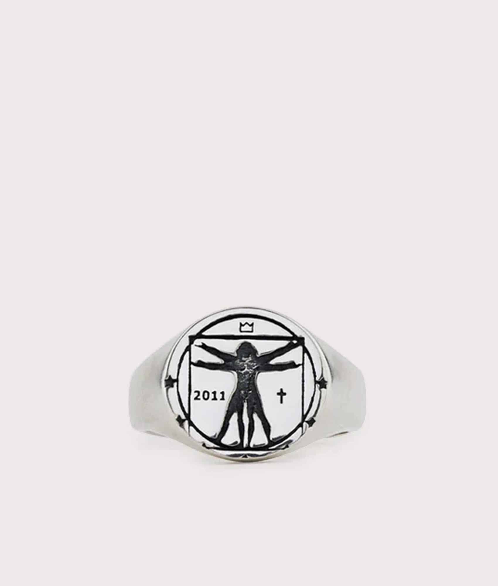 Serge Denimes Sterling Silver Vitruvian Man Ring at EQVVS Menswear. Front shot.