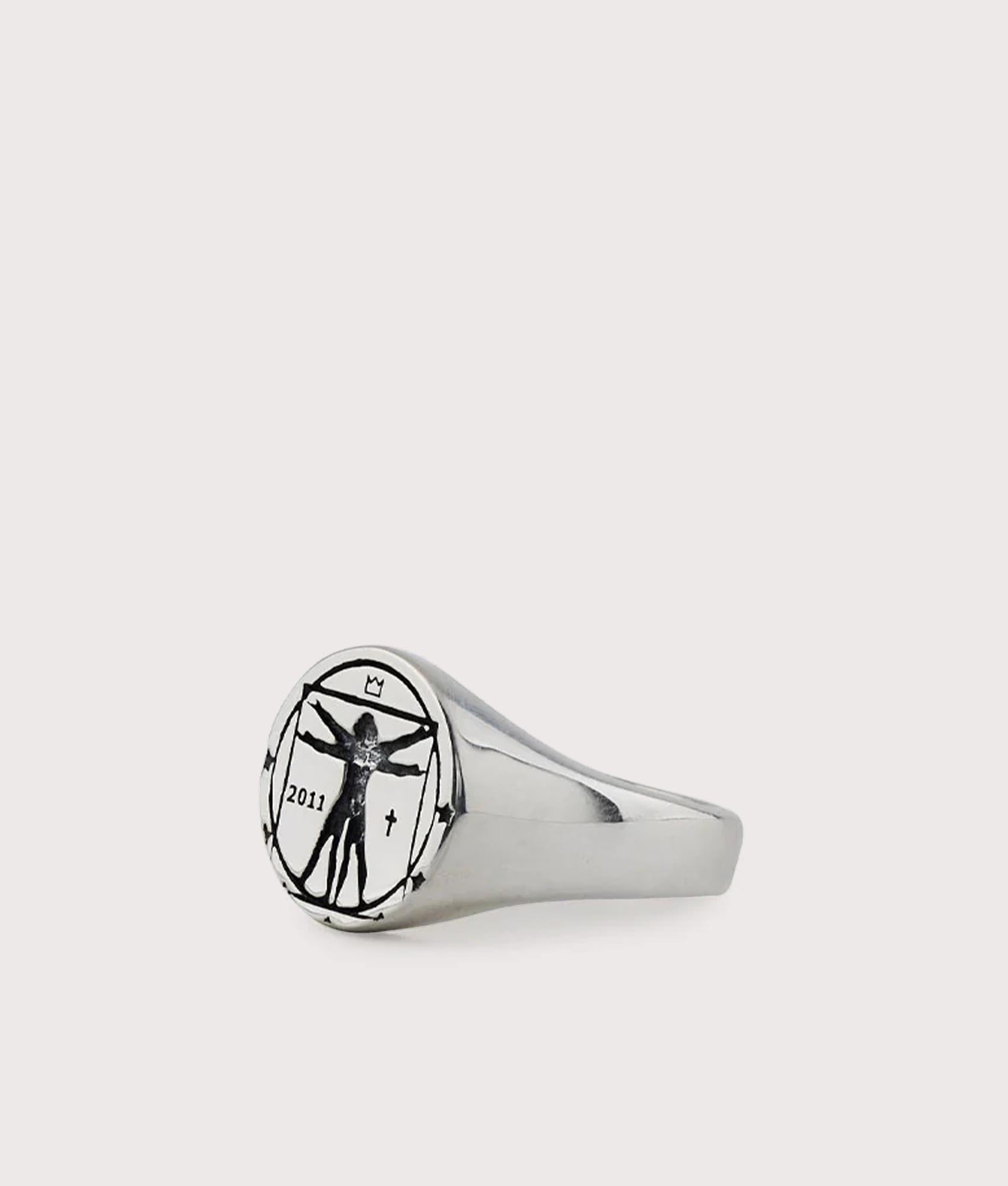 Serge Denimes Sterling Silver Vitruvian Man Ring at EQVVS Menswear. Angled front shot.