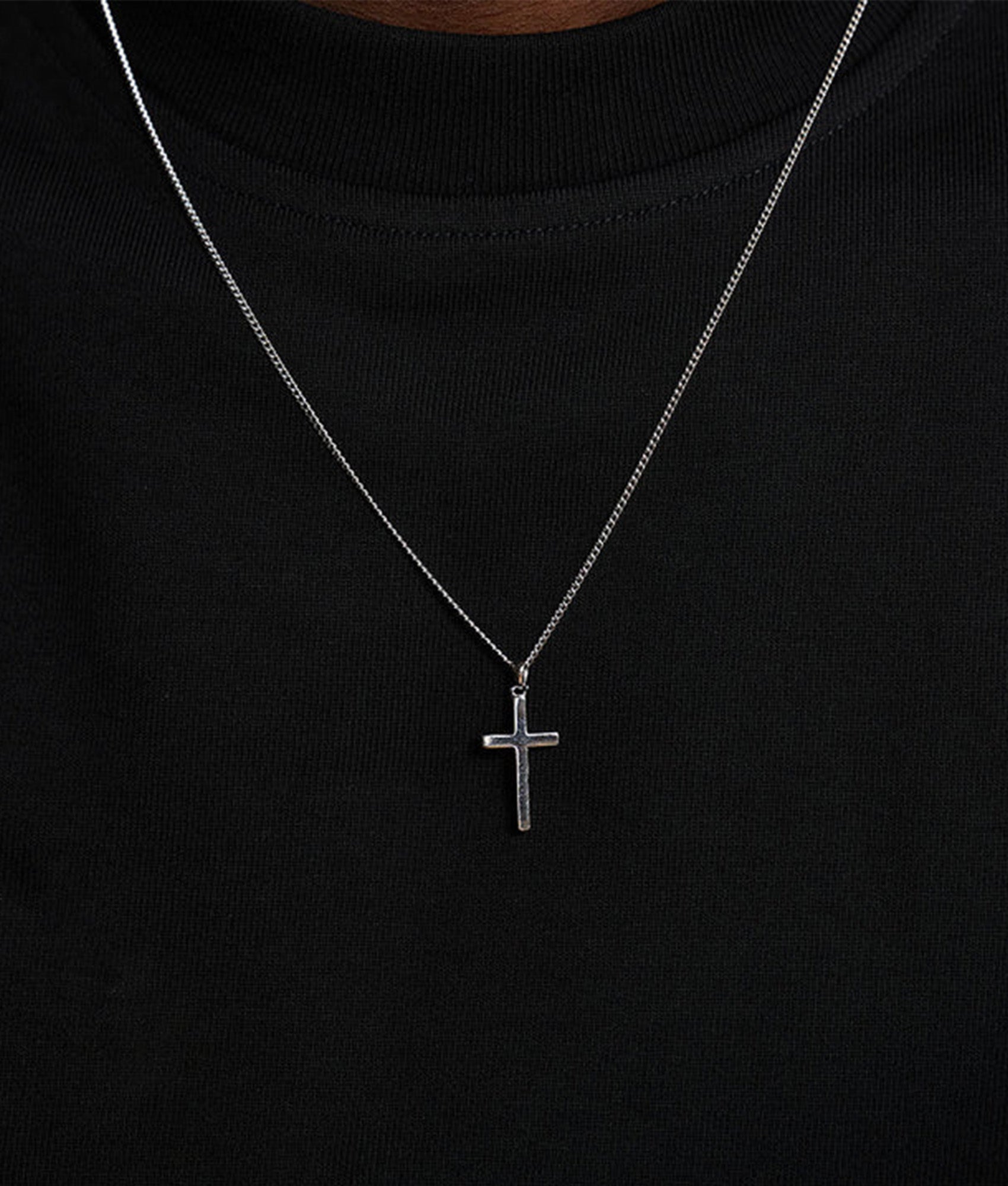 Serge DeNimes Sterling Silver Cross Necklace at EQVVS Menswear. Model shot.