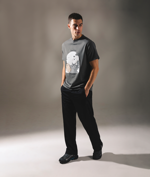 Snow Peak Camping Graphic T Shirt in soft Grey at EQVVS Menswear. Campaign shot.