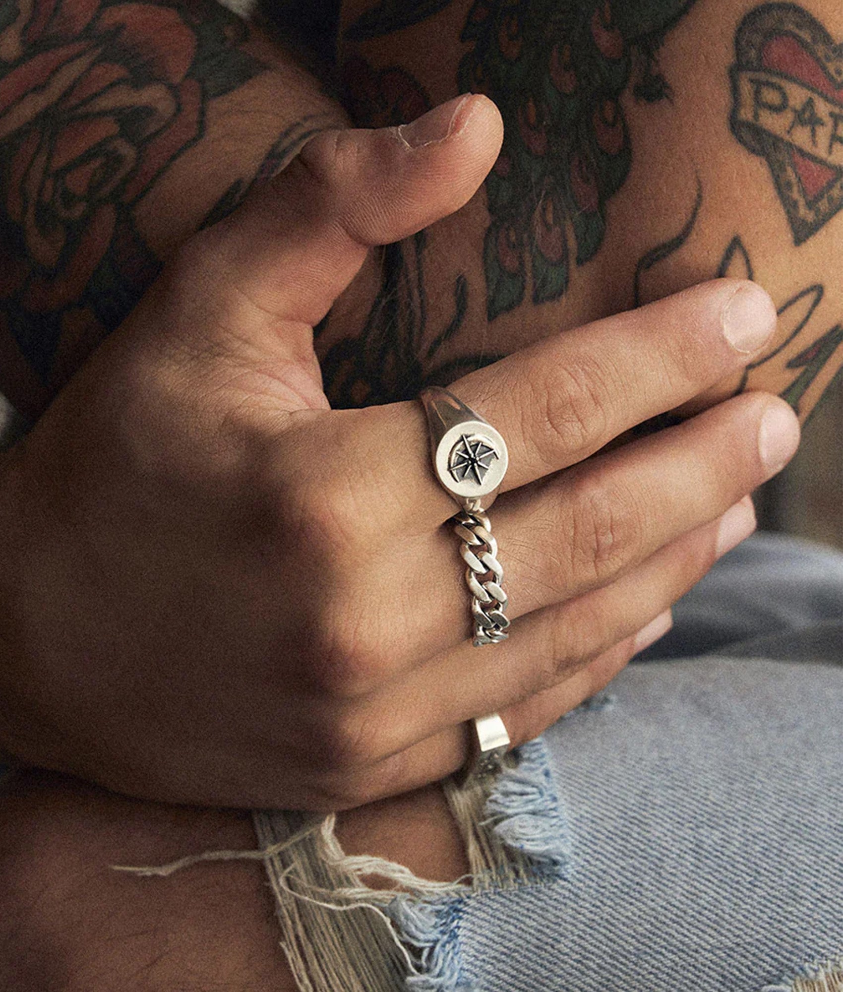 Serge DeNimes Sterling Silver Astral Ring at EQVVS Menswear. Model shot.