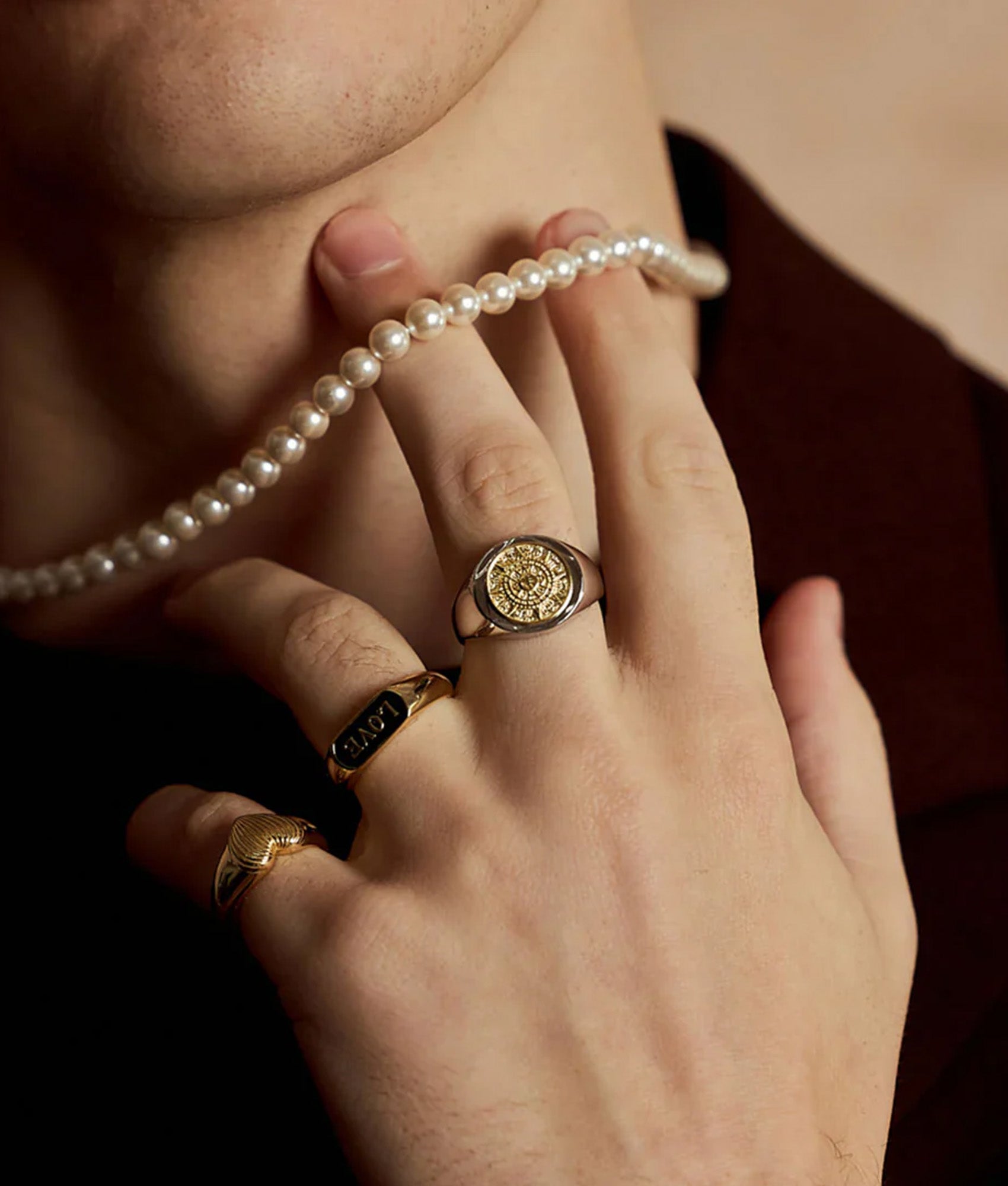 Serge DeNimes Sterling Silver Compass Ring at EQVVS Menswear. Model shot.
