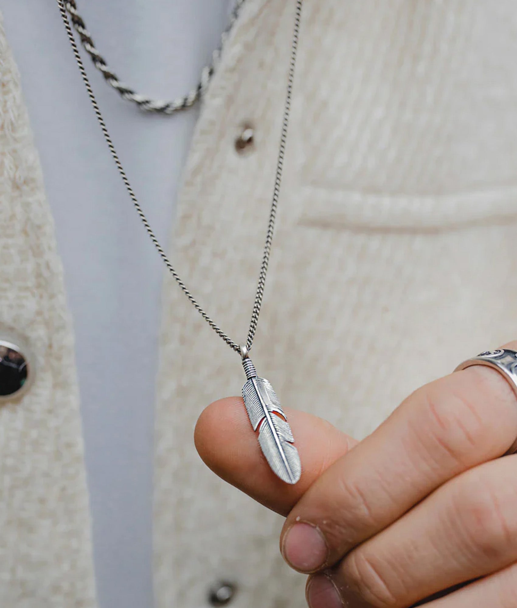 Serge DeNimes Sterling Silver Ethereal Feather Necklace in Silver at EQVVS Menswear.