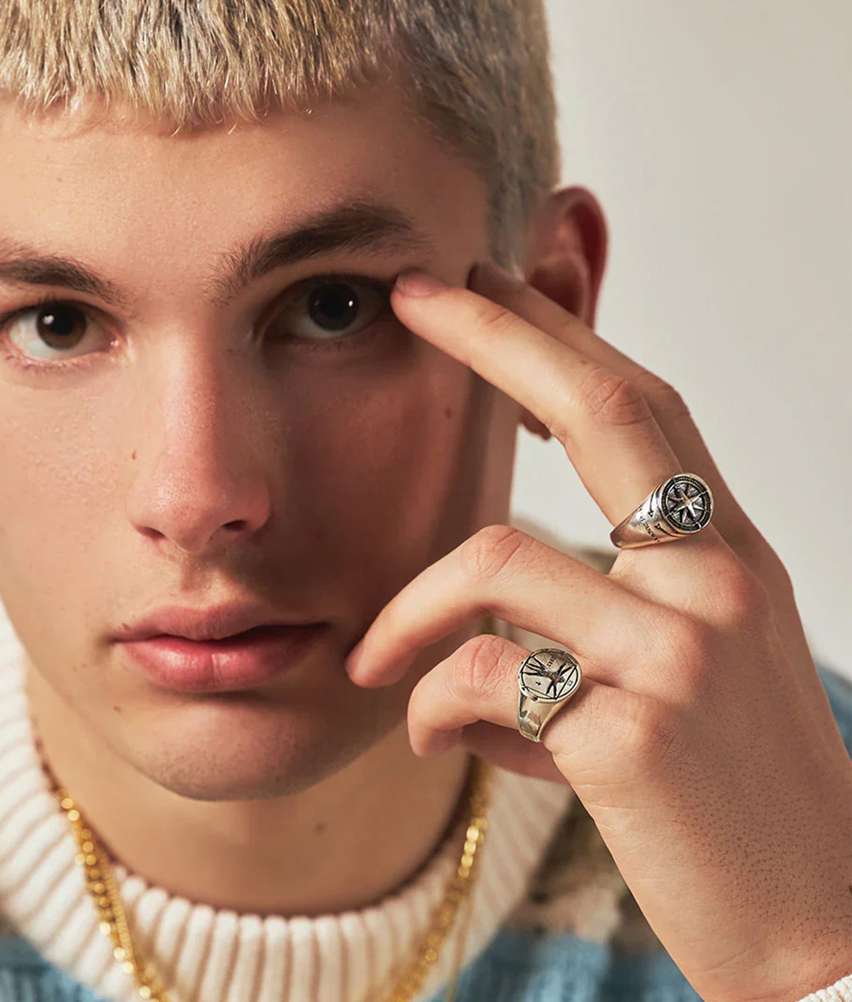 Silver Napoleon Ring by Serge Denimes at EQVVS Menswear. Model shot.
