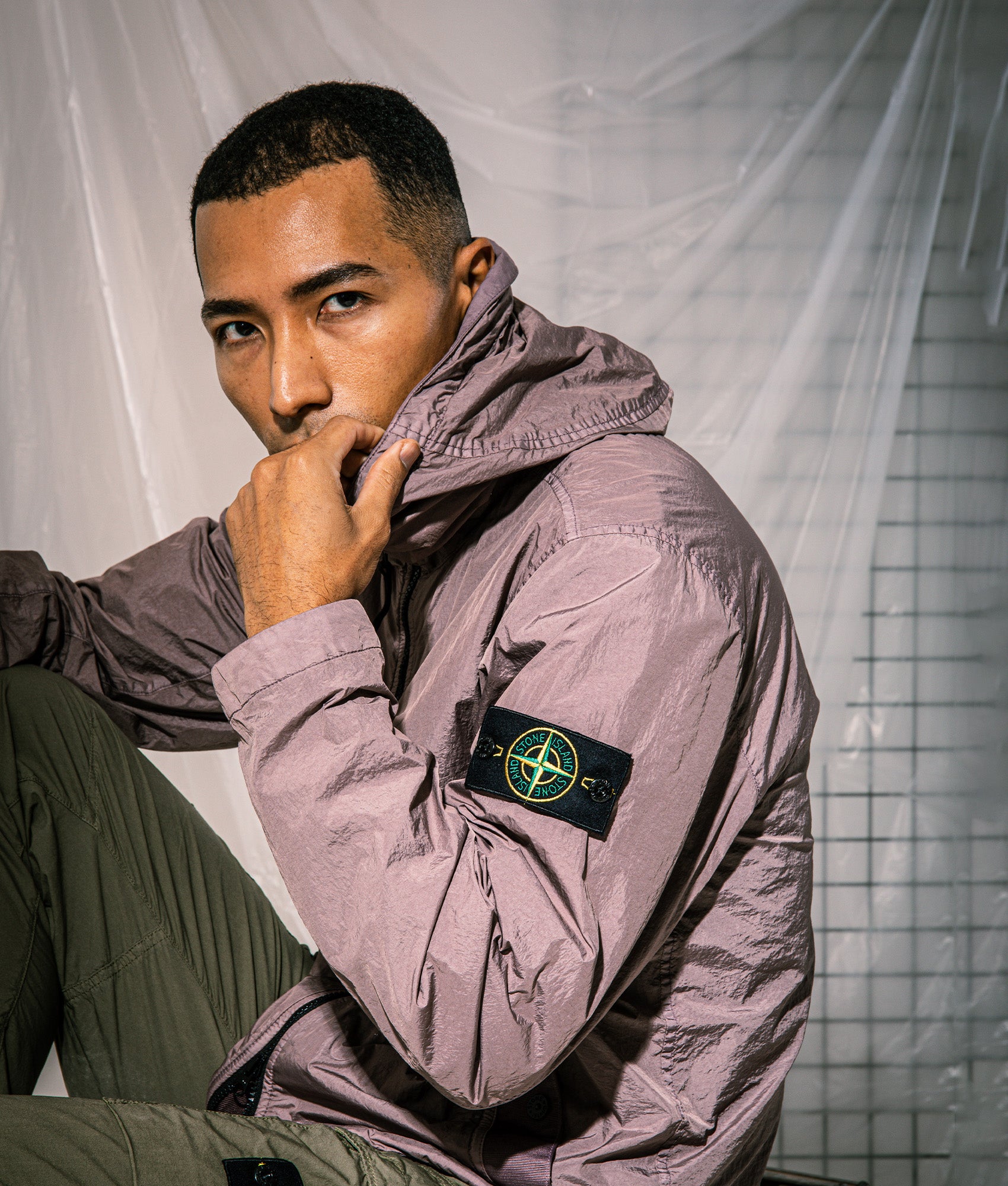 Hooded Full Zip Jacket in Purple Gray | Stone Island | EQVVS | Campaign shot.