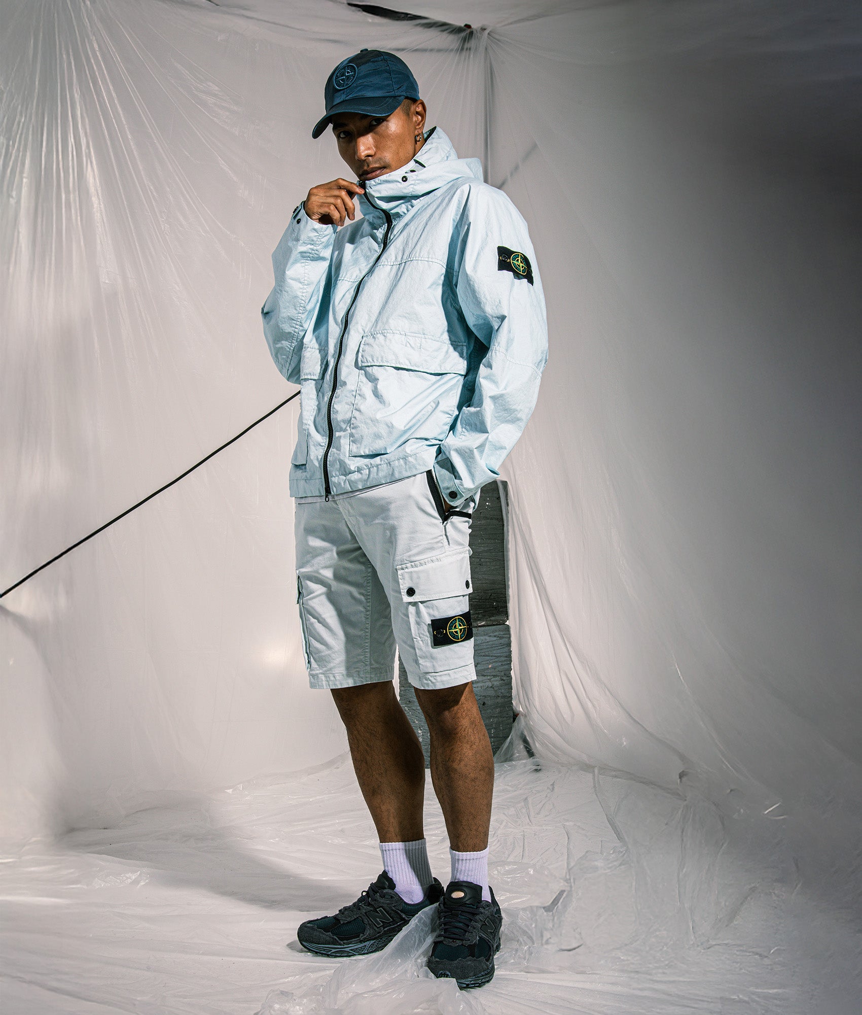 Hooded Full Zip Short Parka in Sky Blue | Stone Island | EQVVS | Campaign shot