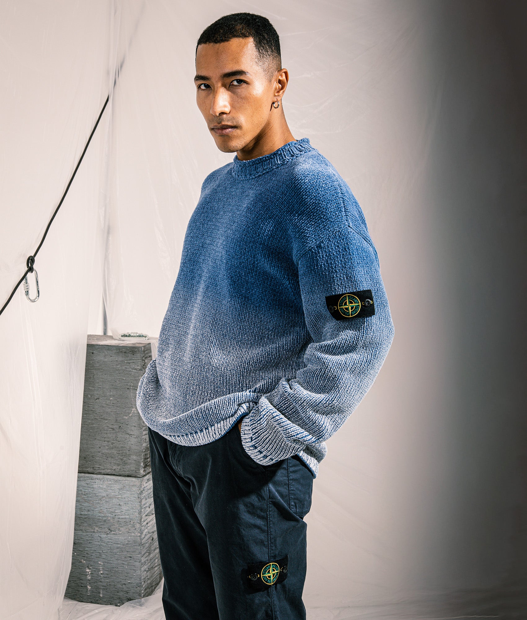 Oversized Fit Chenille Degradé Print Jumper in Dark Blue | 100% Cotton | Stone Island | EQVVS | Campaign shot.