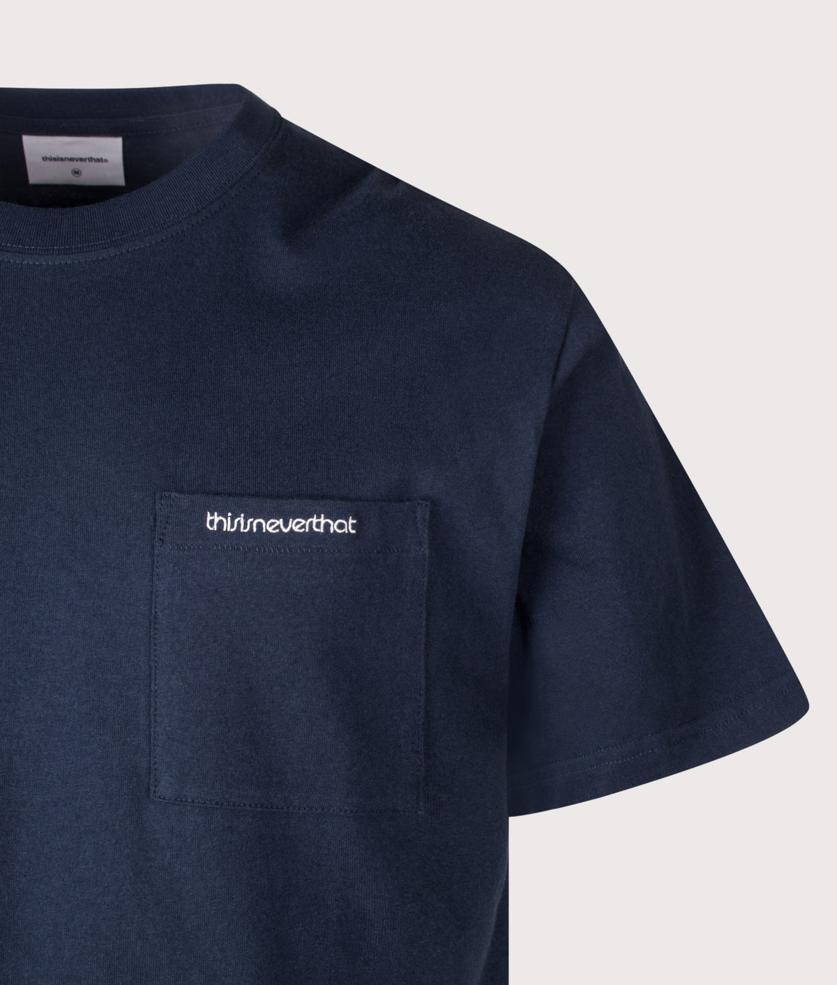 thisisneverthat Regular Fit Basic Pocket T-Shirt in Navy at EQVVS Menswear. Detail shot.