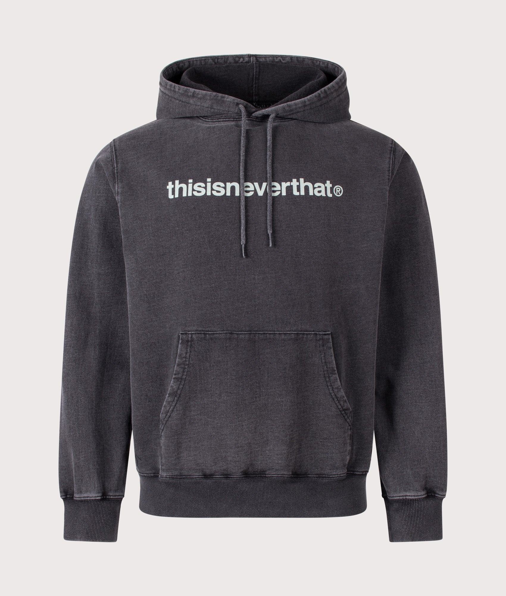 T-Logo LT Hoodie in Washed Black by thisisneverthat. Shot by EQVVS. Front shot.