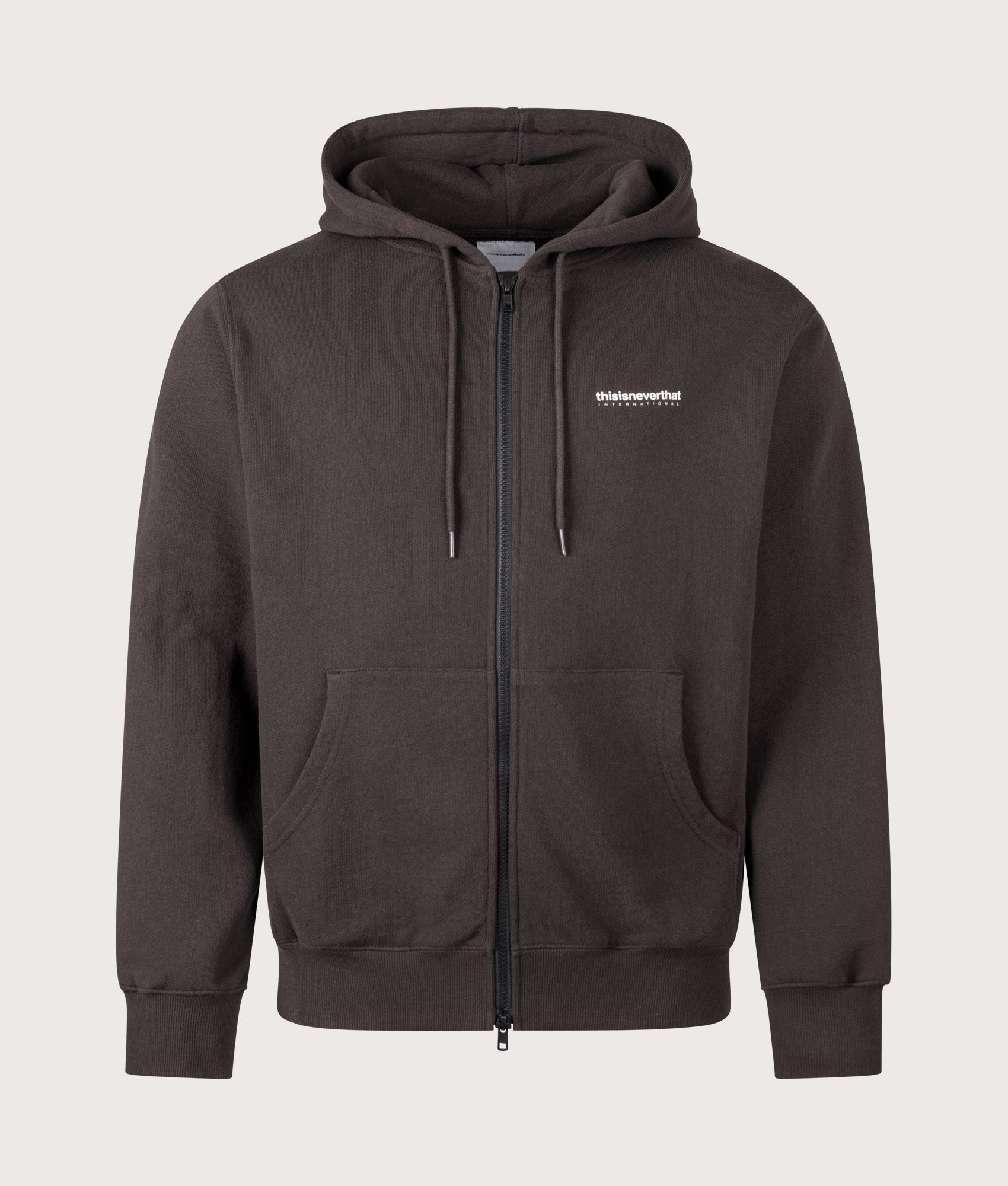 INTL. Logo Zip Through Hoodie in Off Black by thisisneverthat. Shot by  EQVVS. Front shot.
