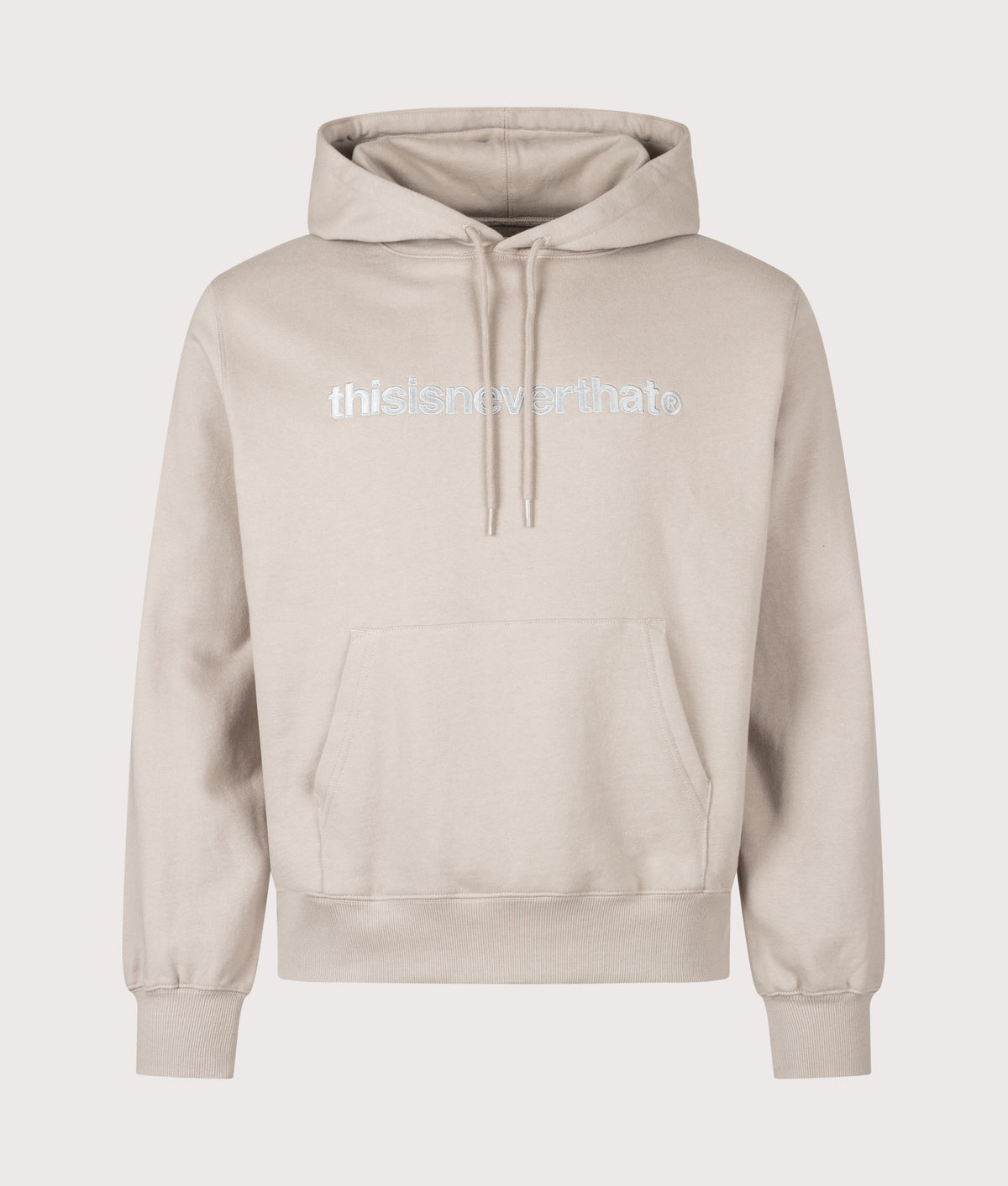 thisisneverthat Regular Fit T-Logo Hoodie in Deep Beige at EQVVS Menswear. Front shot.