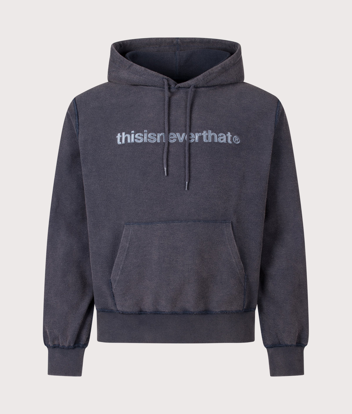 thisisneverthat Regular Fit T-Logo Hoodie in Faded Navy at EQVVS Menswear. Front shot.