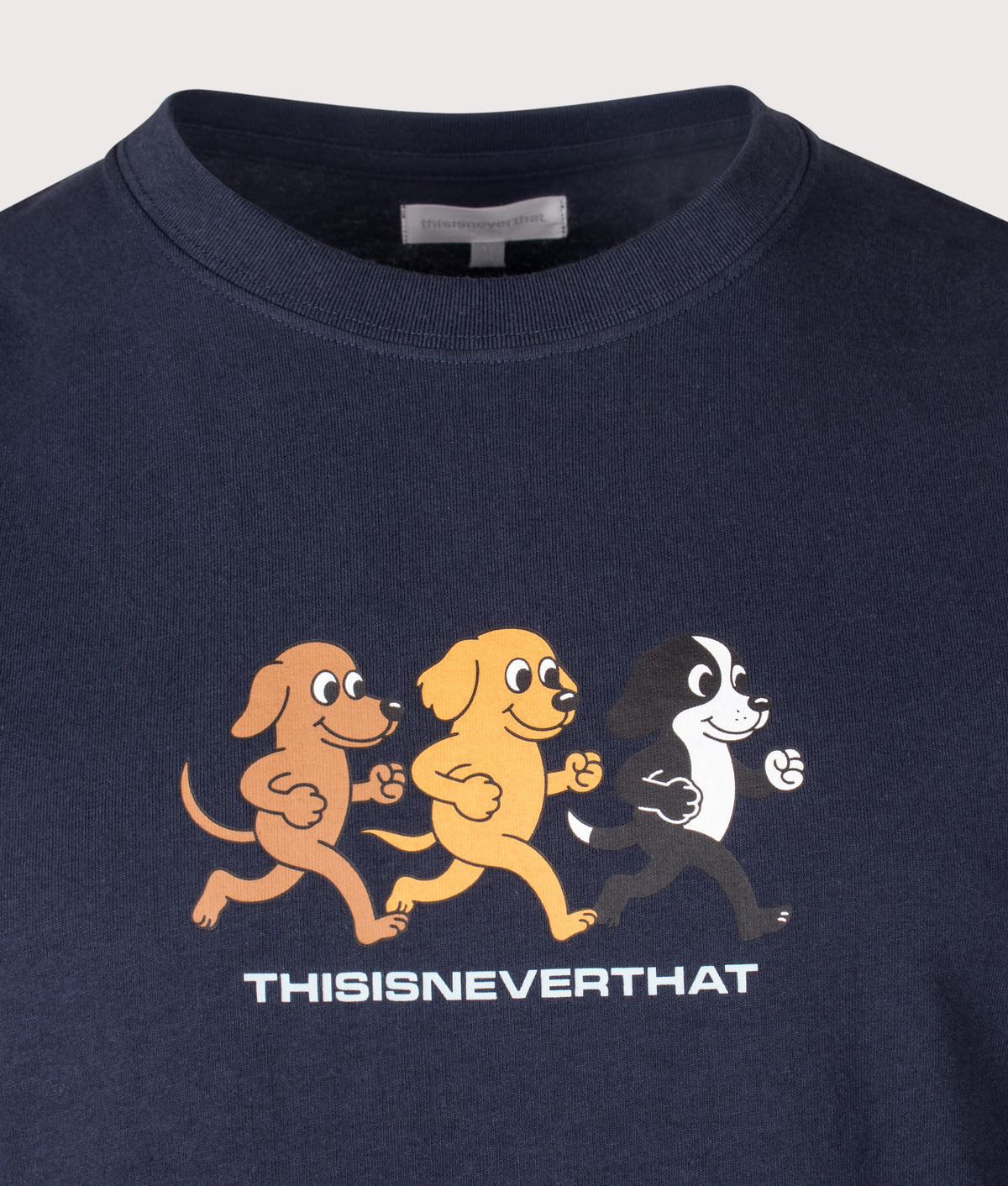 thisisneverthat Regular Fit Dogs T-Shirt in Navy at EQVVS Menswear. Detail shot.