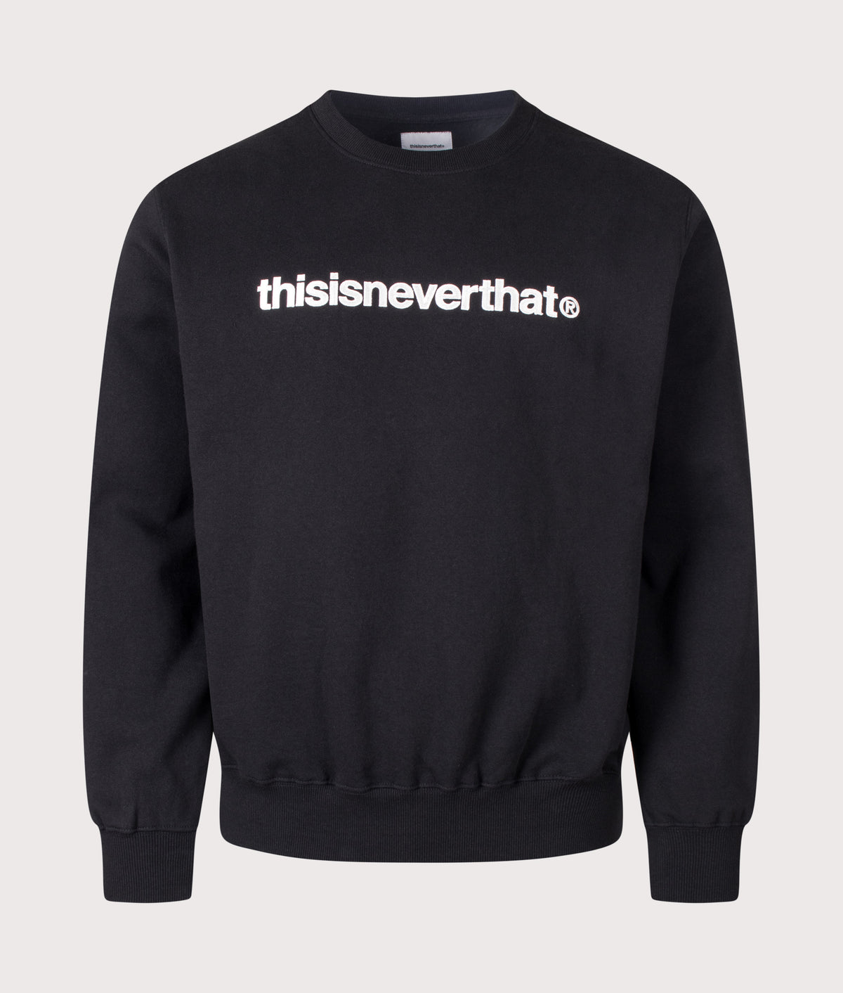 thisisneverthat Regular Fit T-Logo Crewneck Sweatshirt in Black at EQVVS Menswear. Front shot.