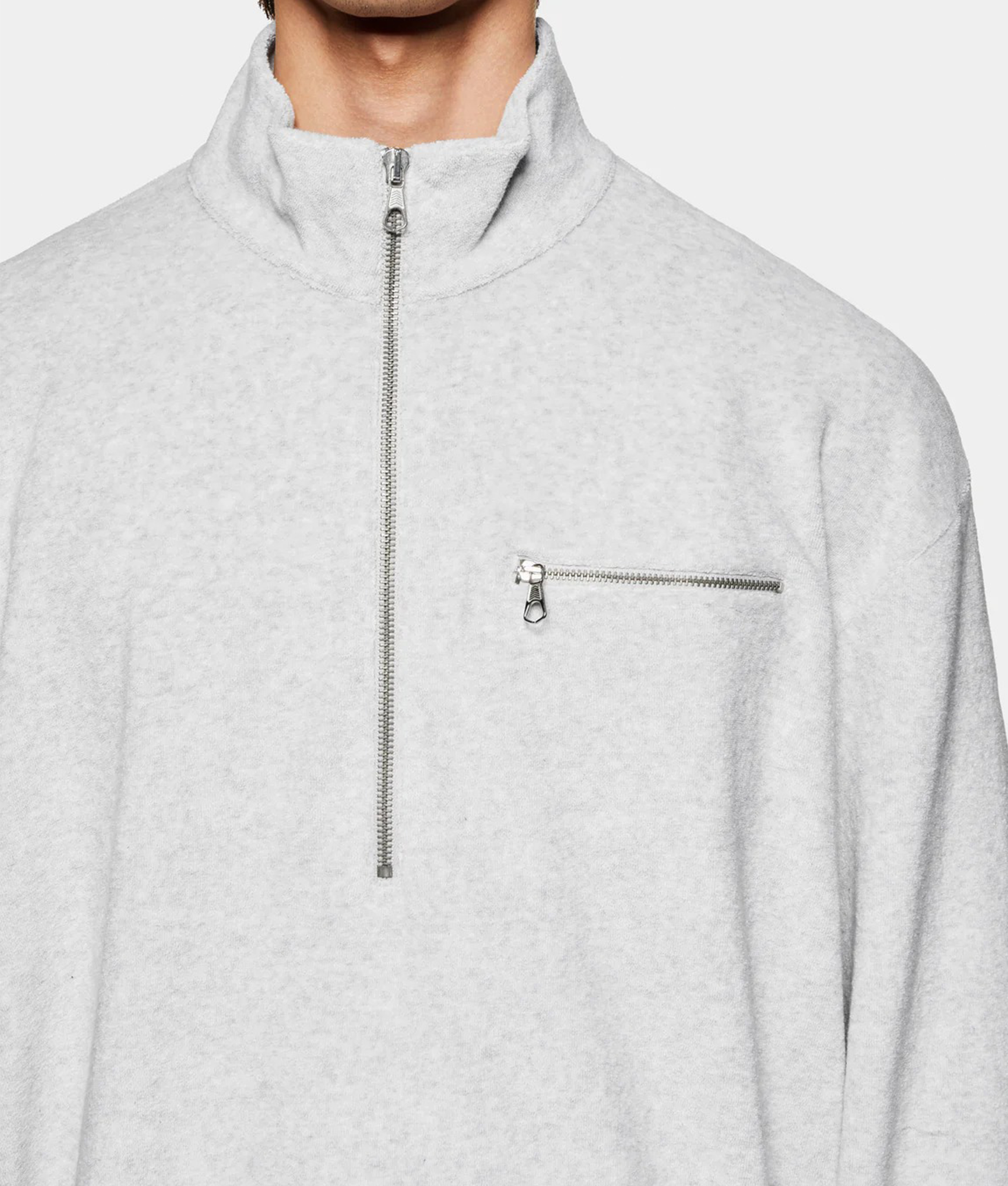 MKI MIYUKI ZOKU Towelling Quarter Zip Sweatshirt in Ash at EQVVS Menswear. Second detail shot.