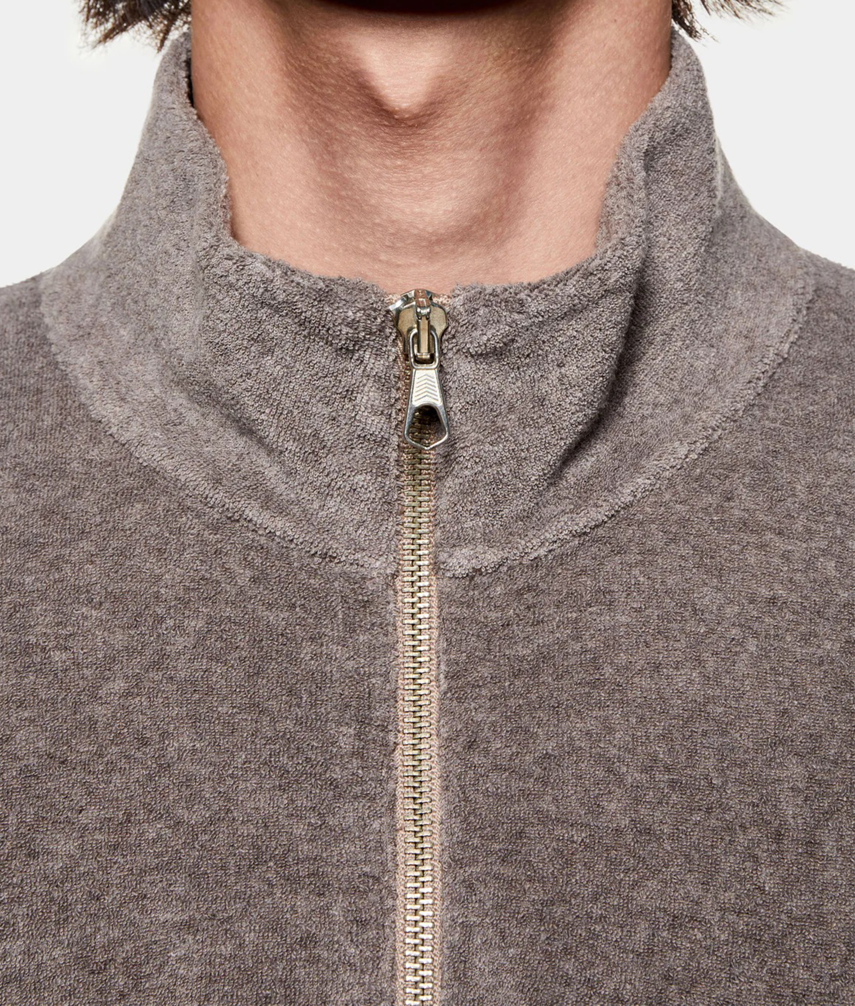MKI MIYUKI ZOKU Towelling Quarter Zip Sweatshirt in Brown at EQVVS Menswear. Zip detail shot.