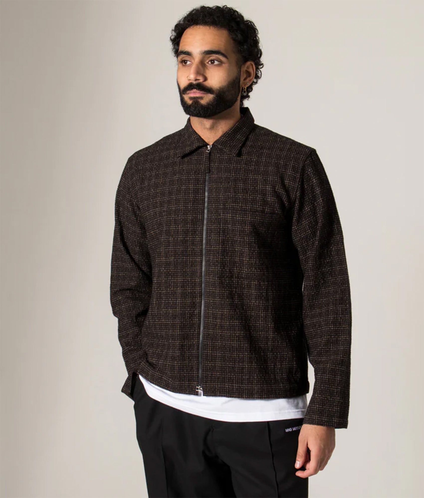 Cedar Check Zip Shirt in Brown | Wool Blend | Universal Works | EQVVS | Campaign shot.