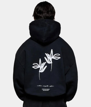 Ink Flower Hoodie. Shot by EQVS. Back print model shot.