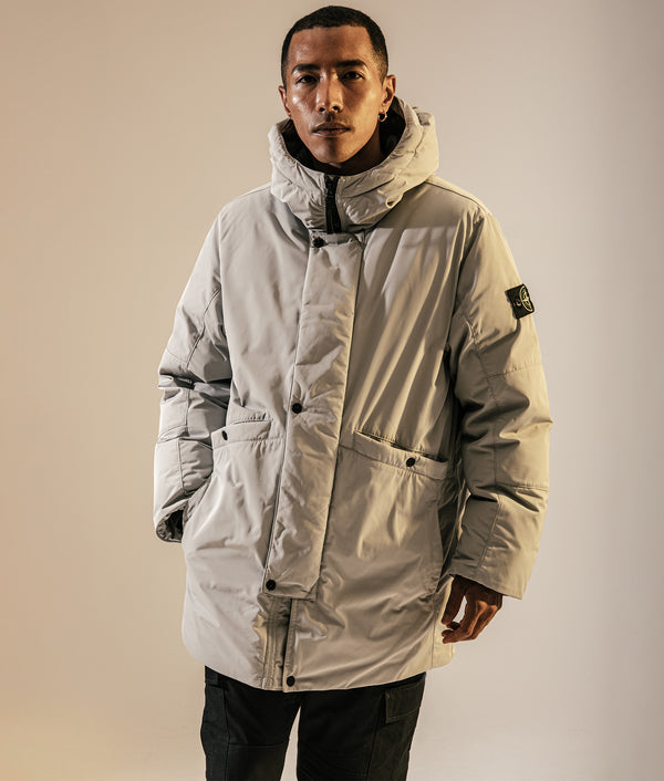 Micro Twill Down Parka in Pearl Grey | STONE ISLAND | EQVVS