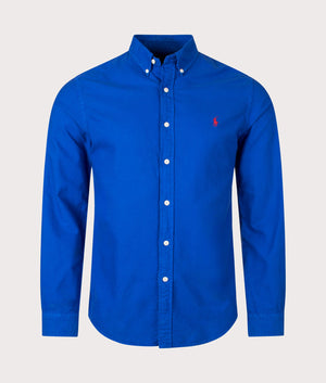 Slim Fit Garment-Dyed Oxford Shirt in New Sapphire by Polo Ralph Lauren. EQVVS Front Angle Shot.