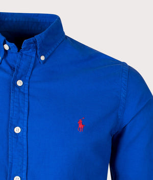 Slim Fit Garment-Dyed Oxford Shirt in New Sapphire by Polo Ralph Lauren. EQVVS Detail Shot.