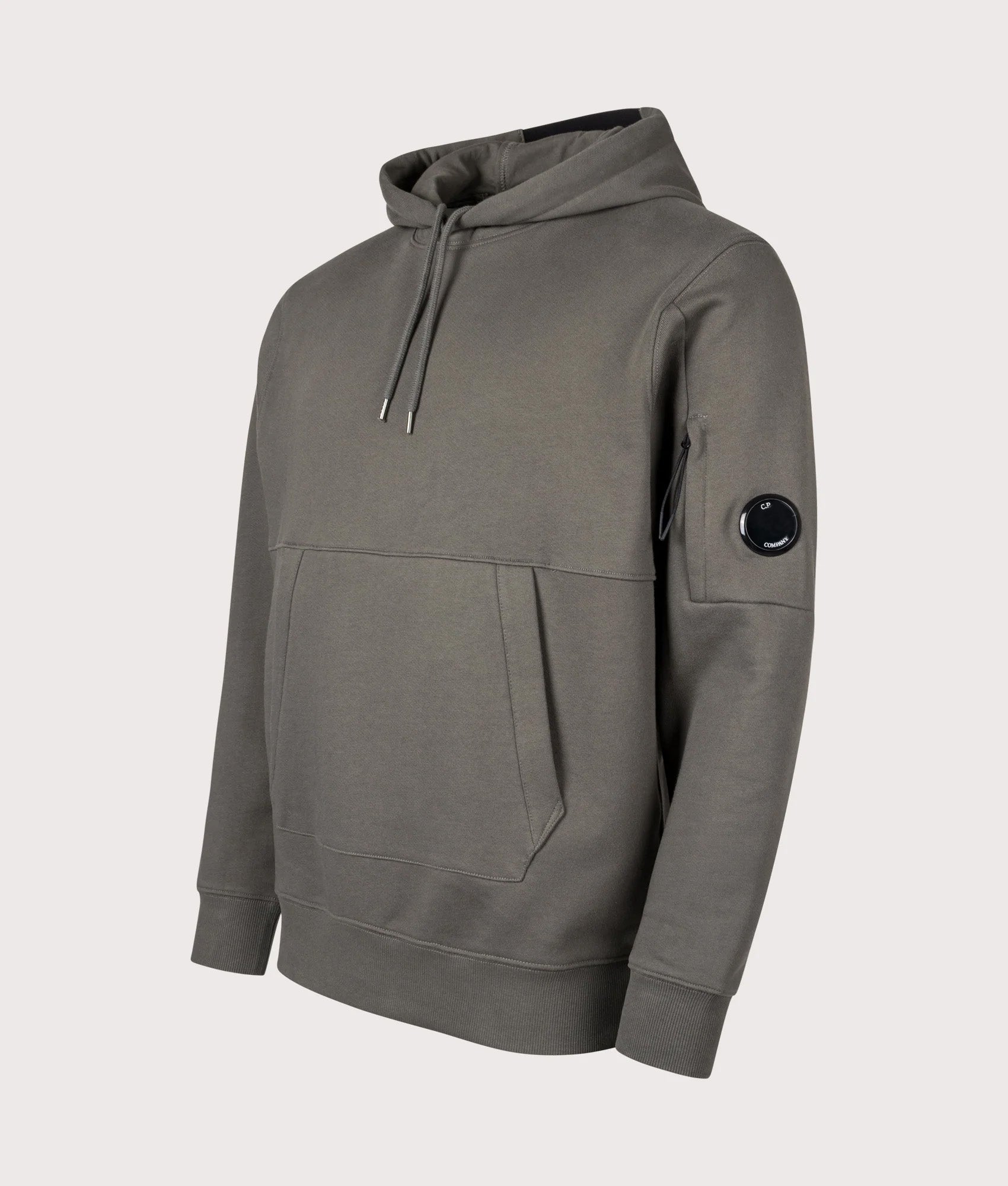 C.P. Company Diagonal Raised Fleece Lens Hoodie in Gunmetal at EQVVS Menswear. Angled front shot.