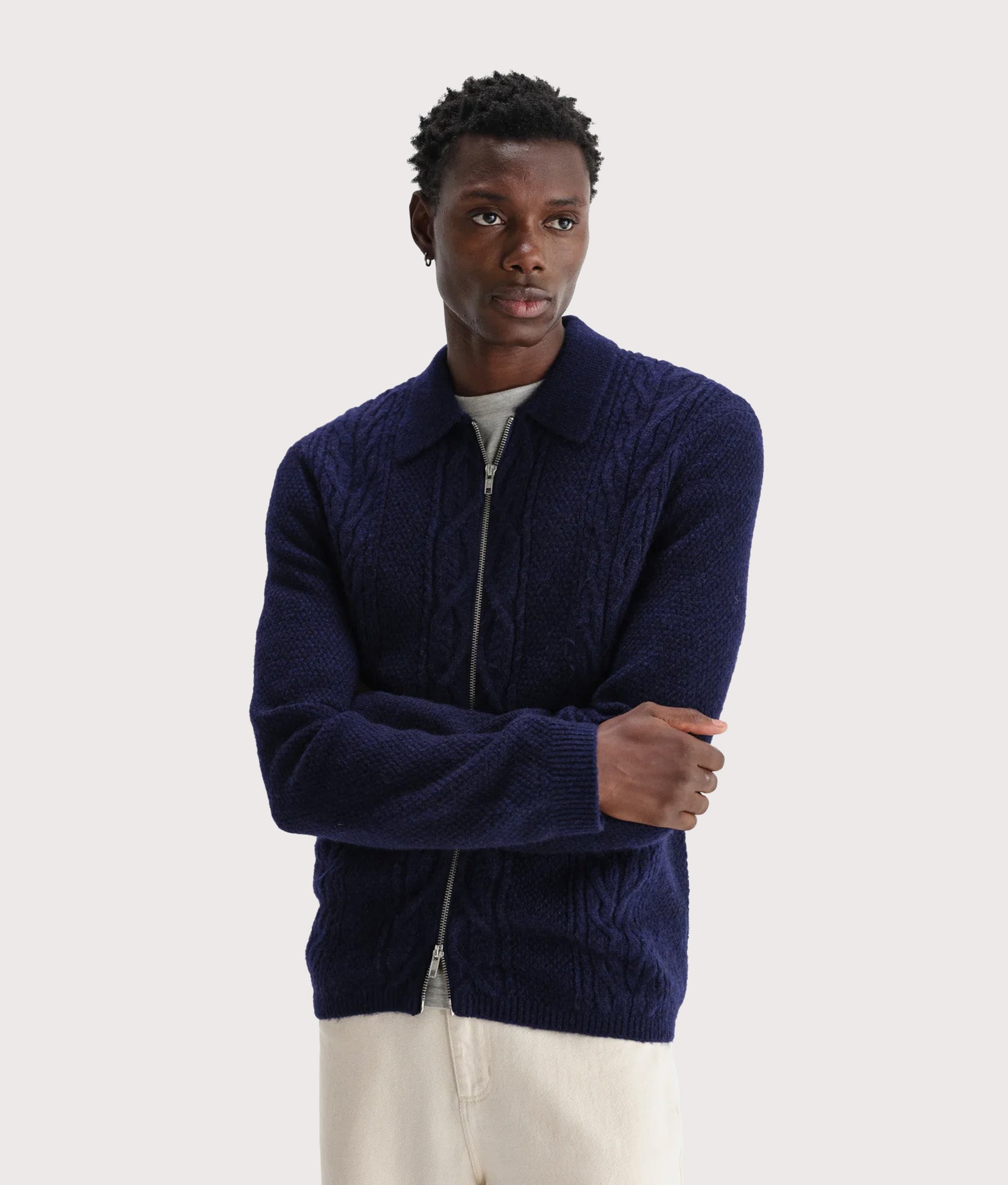 Friar Zip Knit Jacket by Wax London in Navy at EQVVS Menswear. Model front shot.