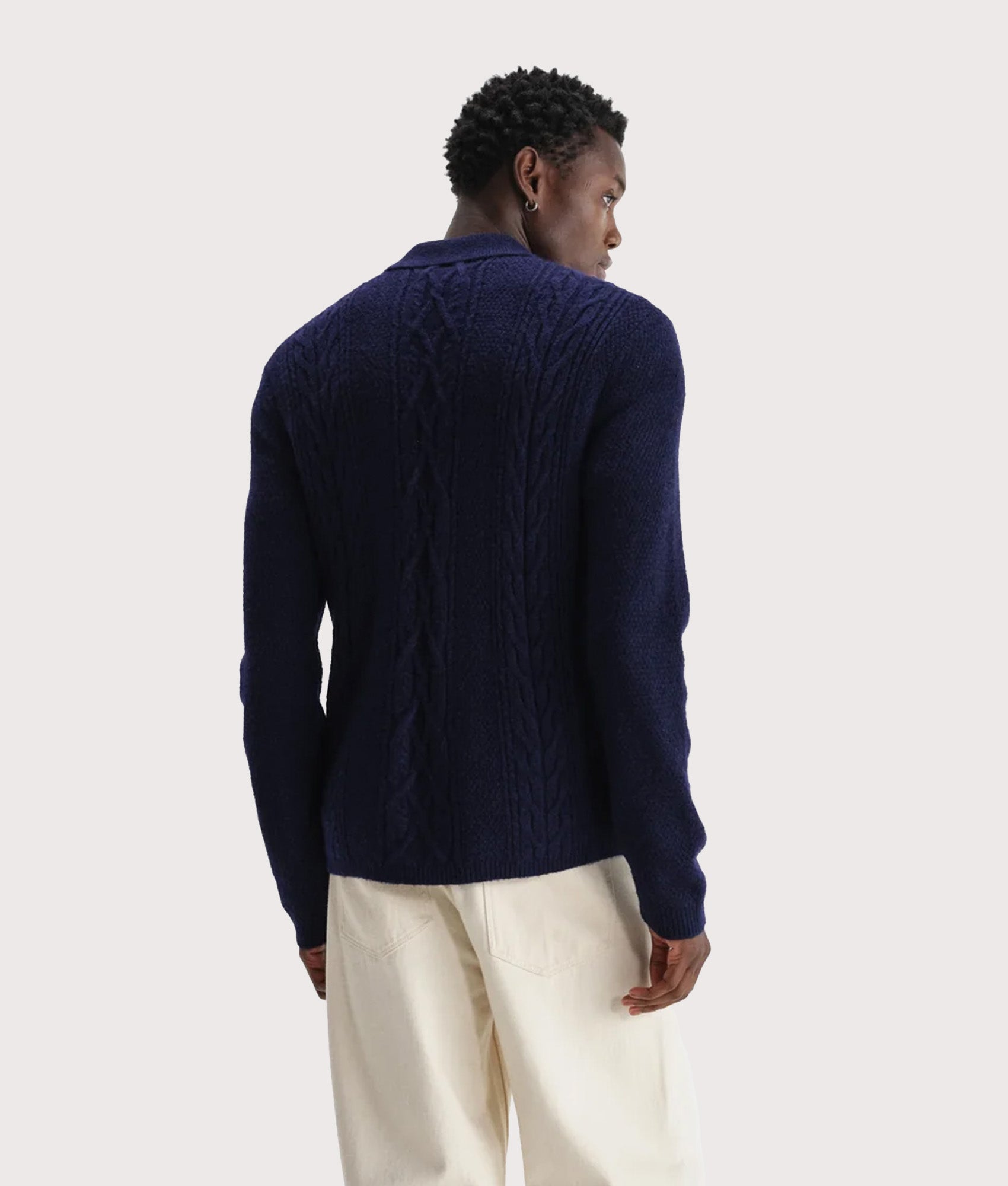 Friar Zip Knit Jacket by Wax London in Navy at EQVVS Menswear. Model Back shot.