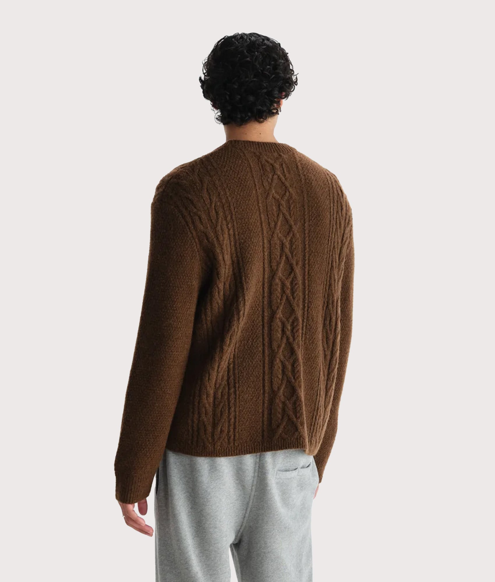 Hyatt Crew Jumper by Wax London in Brown at EQVVS Menswear. Model Back shot.