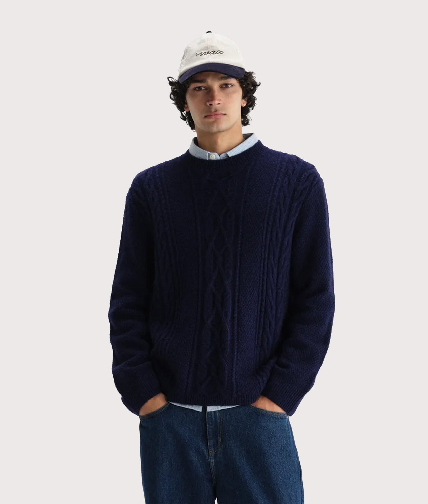 Hyatt Crew Jumper by Wax London in Navy. Shot by EQVVS. Model Front shot.
